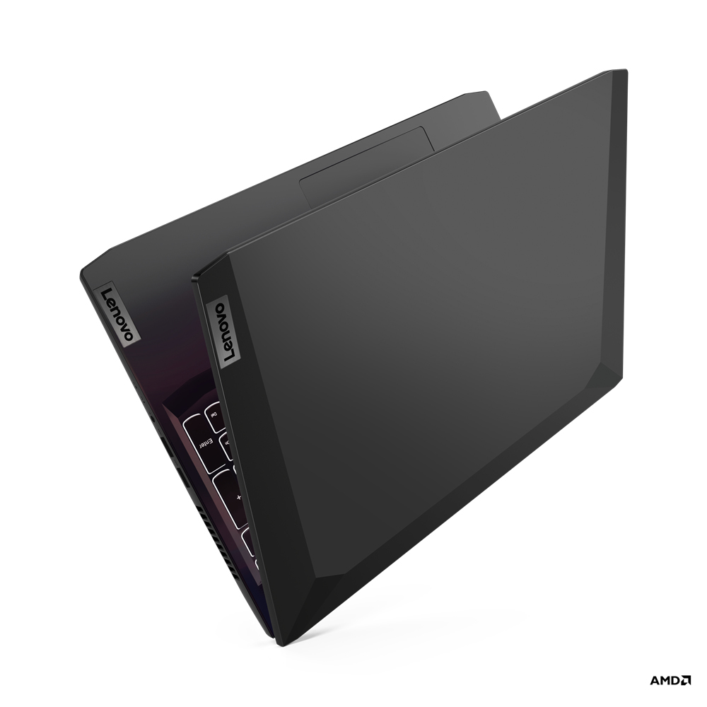 Portátil Lenovo con la tapa abierta, color negro. El teclado y el logotipo de AMD son visibles.