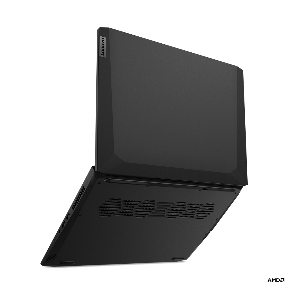 Un portátil Lenovo negro. La tapa está parcialmente abierta, mostrando la parte inferior y el logo AMD.
