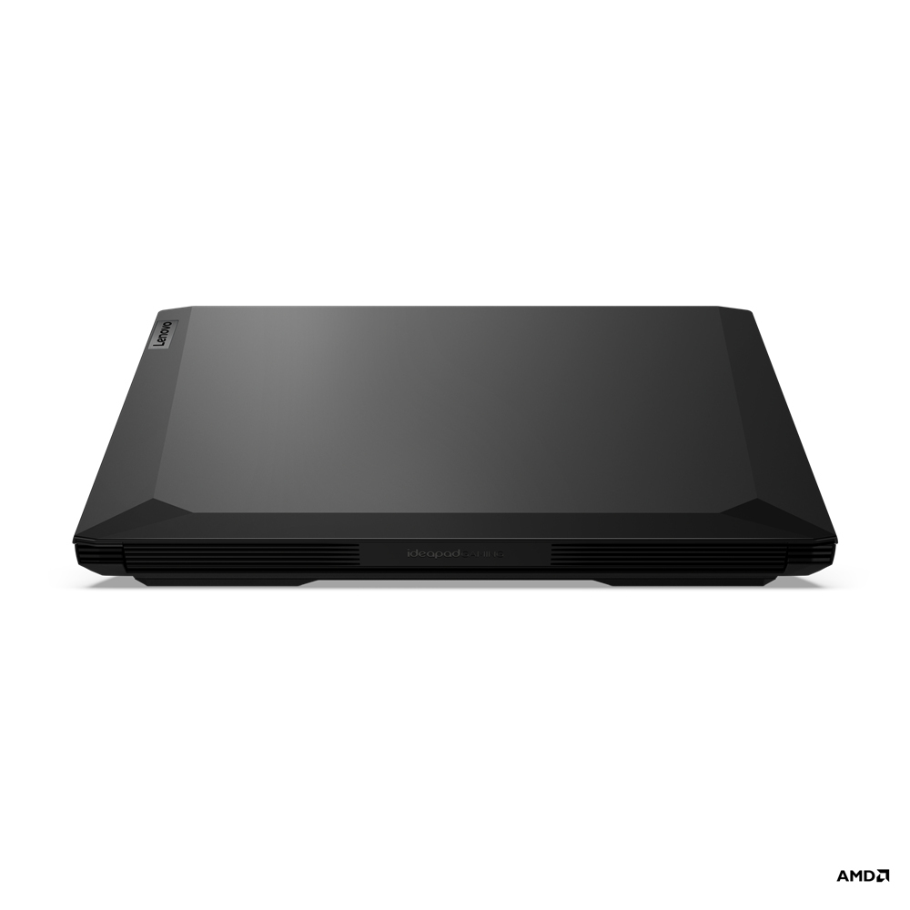 Ordenador portátil negro cerrado con el logotipo de Lenovo en la parte superior. El fondo es blanco.