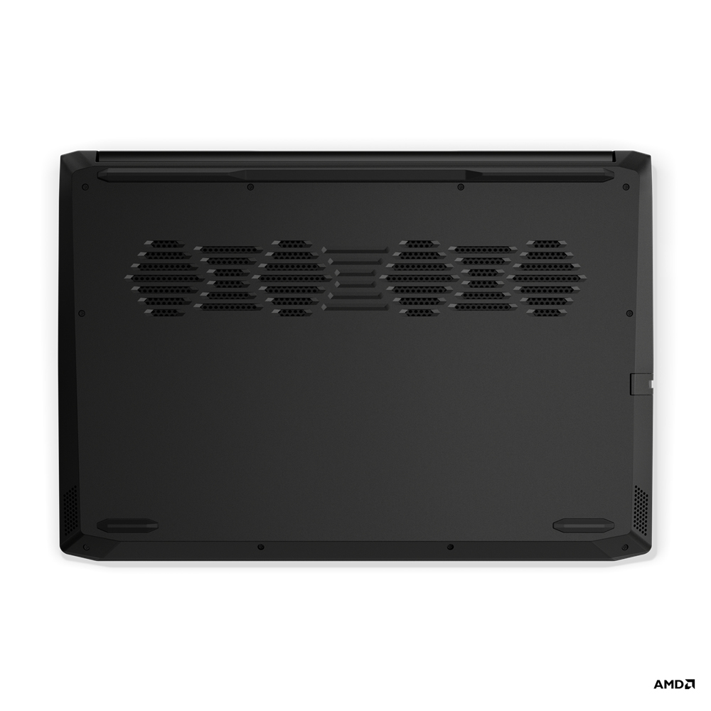 Parte inferior del portátil con ventilación y logo AMD.
