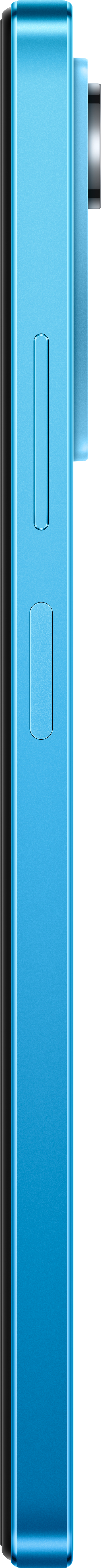 Ein blaues Telefon, Seitenansicht, mit einer Taste und einer Lautstärkewippe.