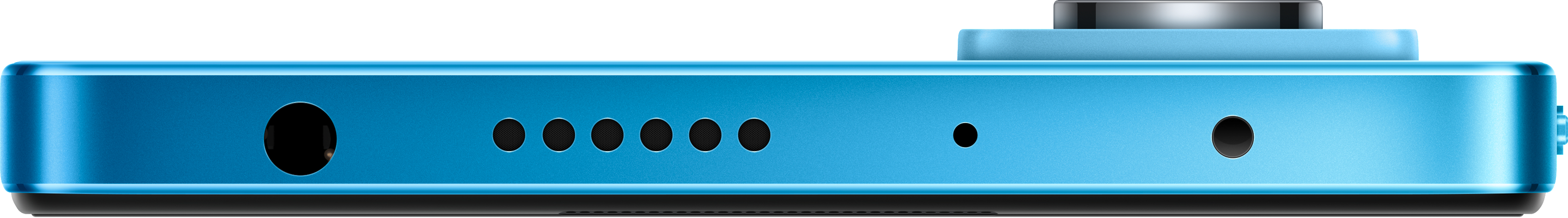 Blaue Telefonunterkante mit Anschlüssen und Löchern.