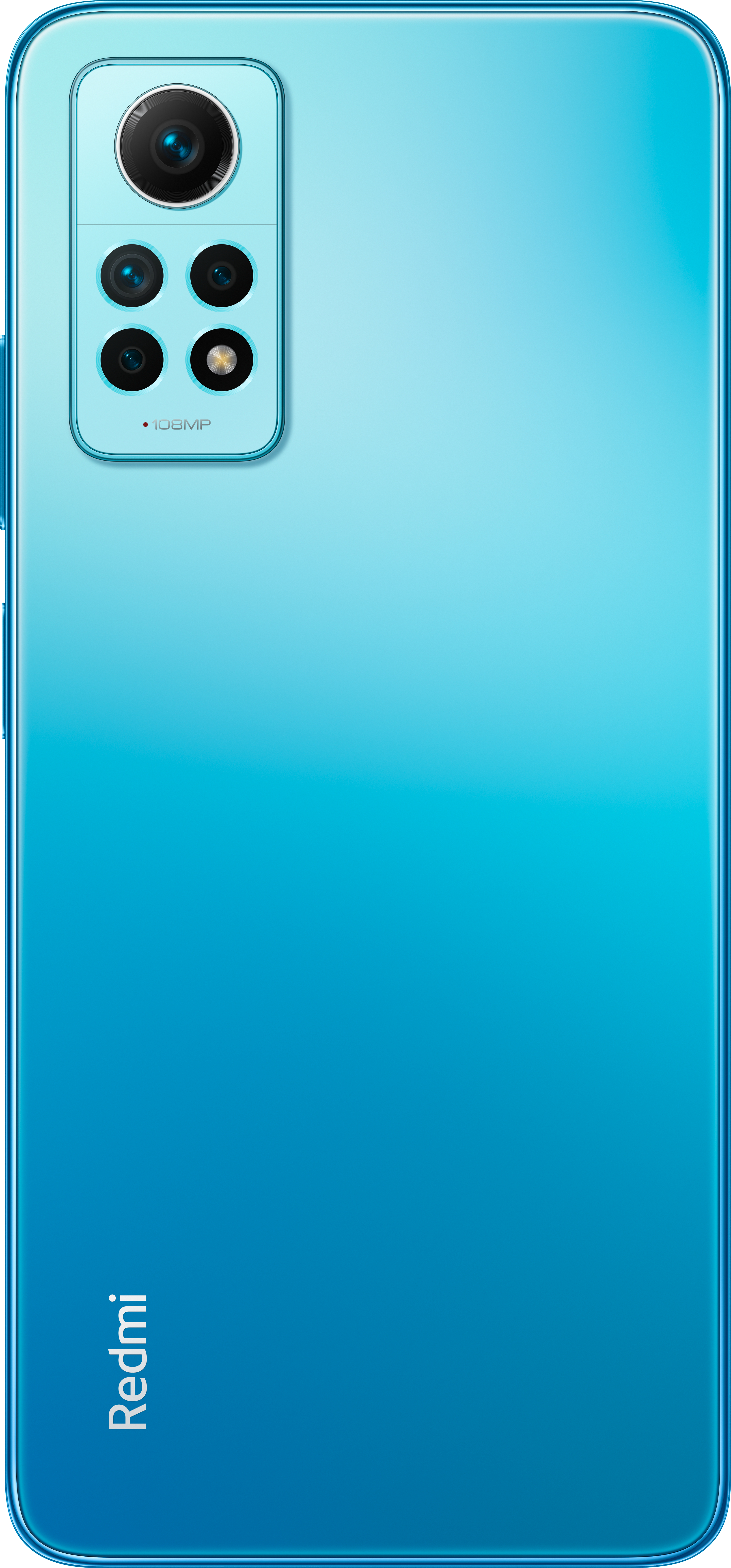 Ein blaues Smartphone mit Kameramodul, von hinten gesehen.