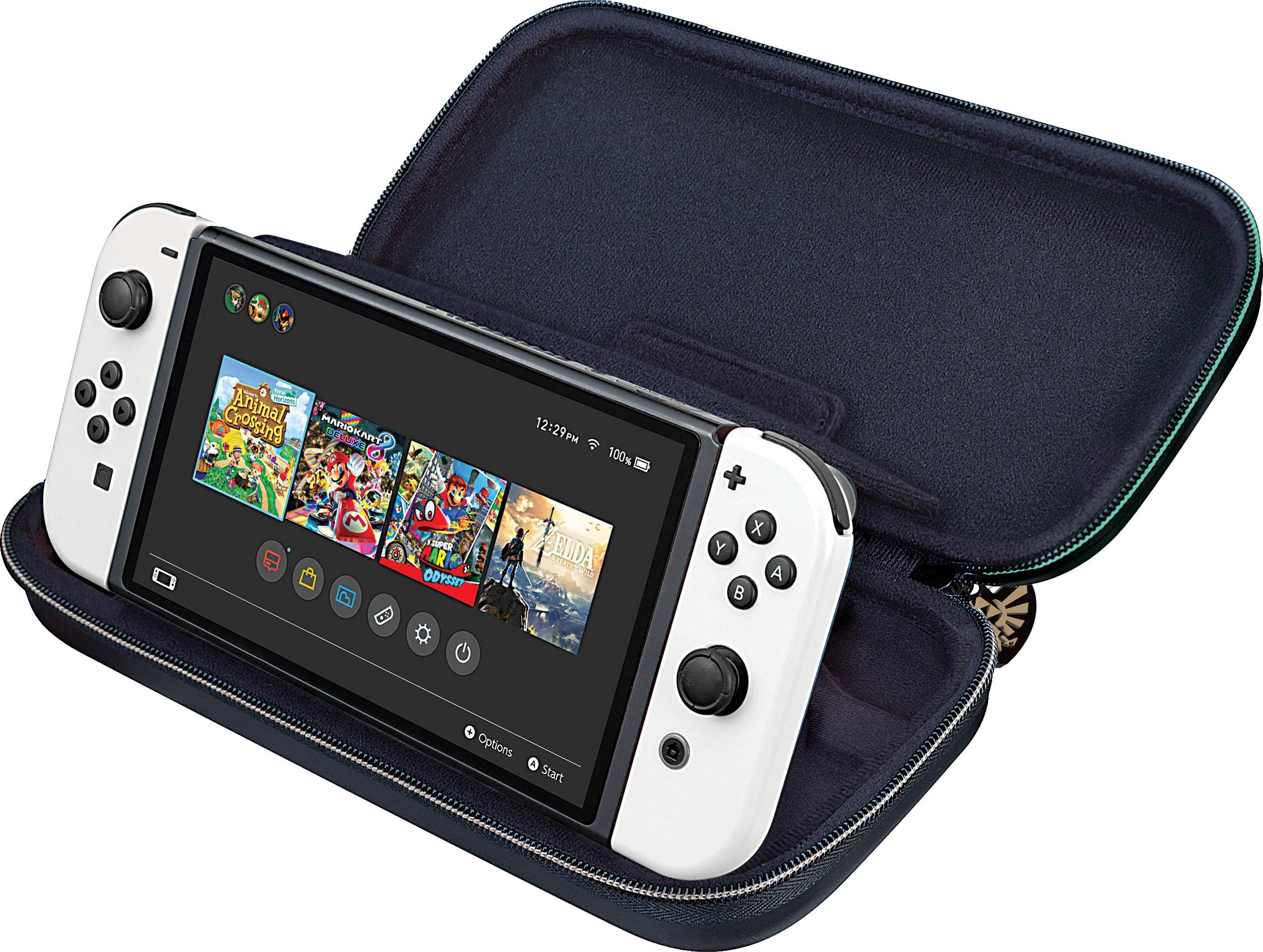 Eine Nintendo Switch-Konsole in einer schwarzen und blauen Tragetasche.
