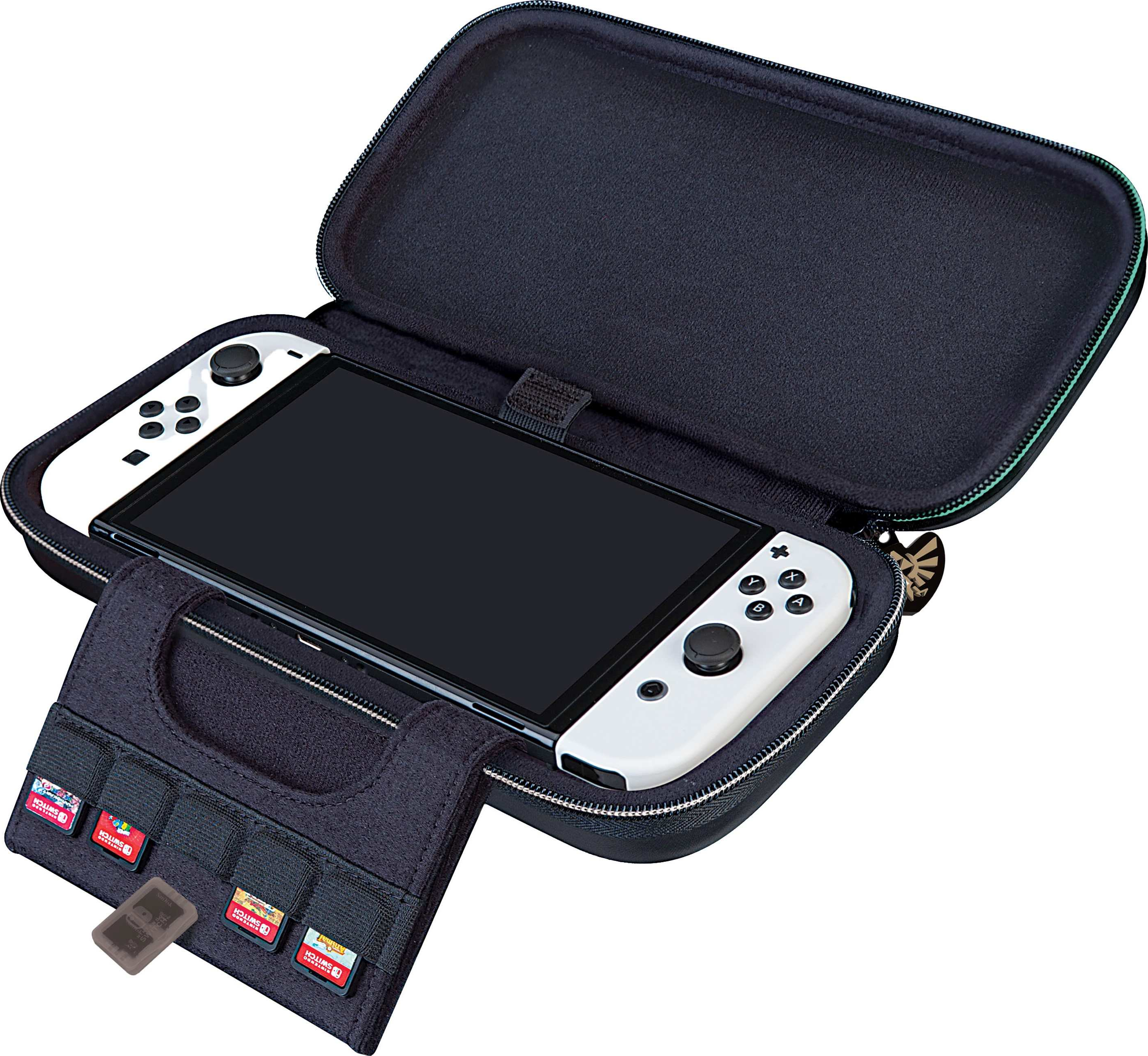 Switch OLED-Konsole in einem schwarzen Gehäuse, mit Spielkassetten in einem separaten Halter. Das Gehäuse ist offen.