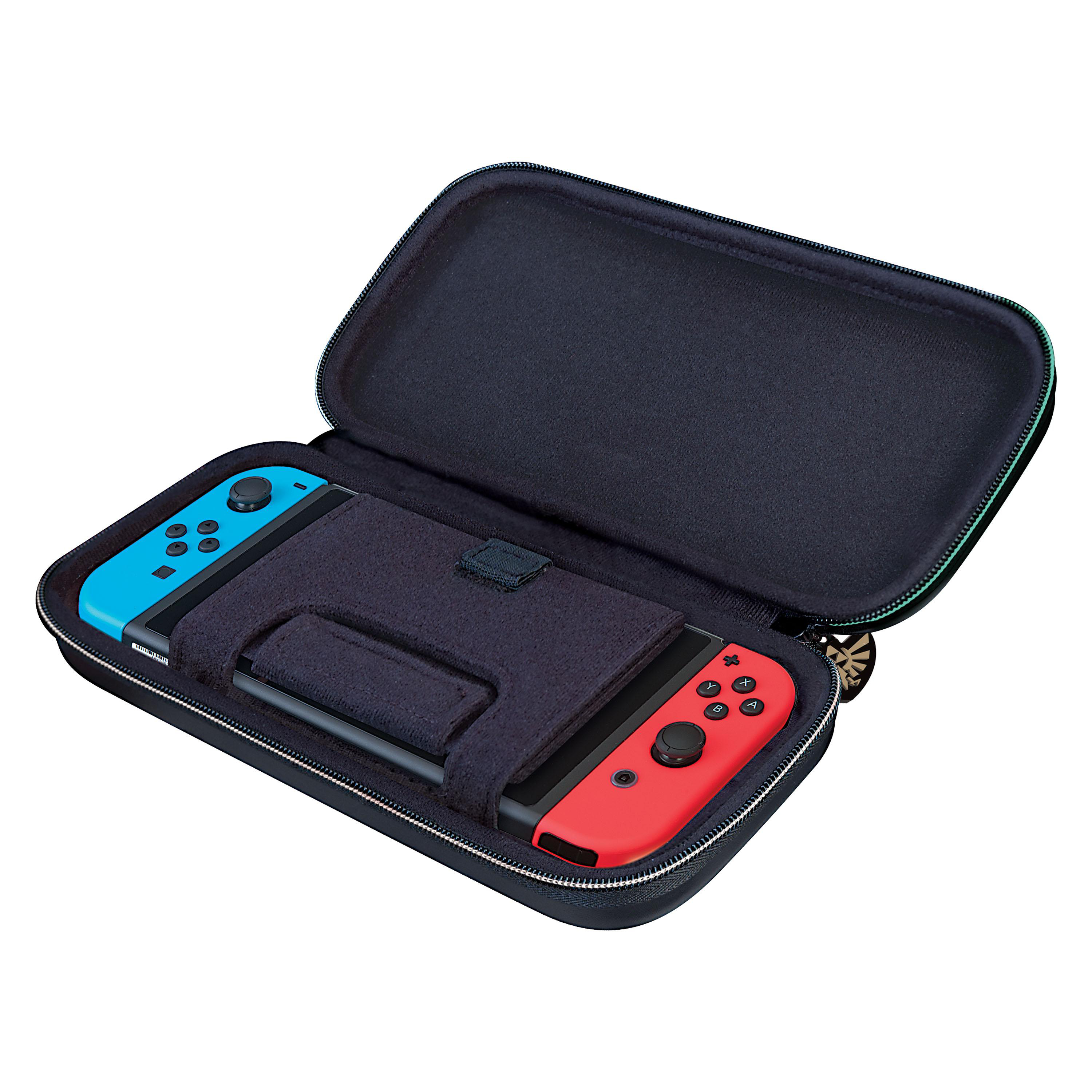 Nintendo Switch-Hülle mit Switch-Konsole und zwei Joy-Cons. Dunkelblau und schwarz.