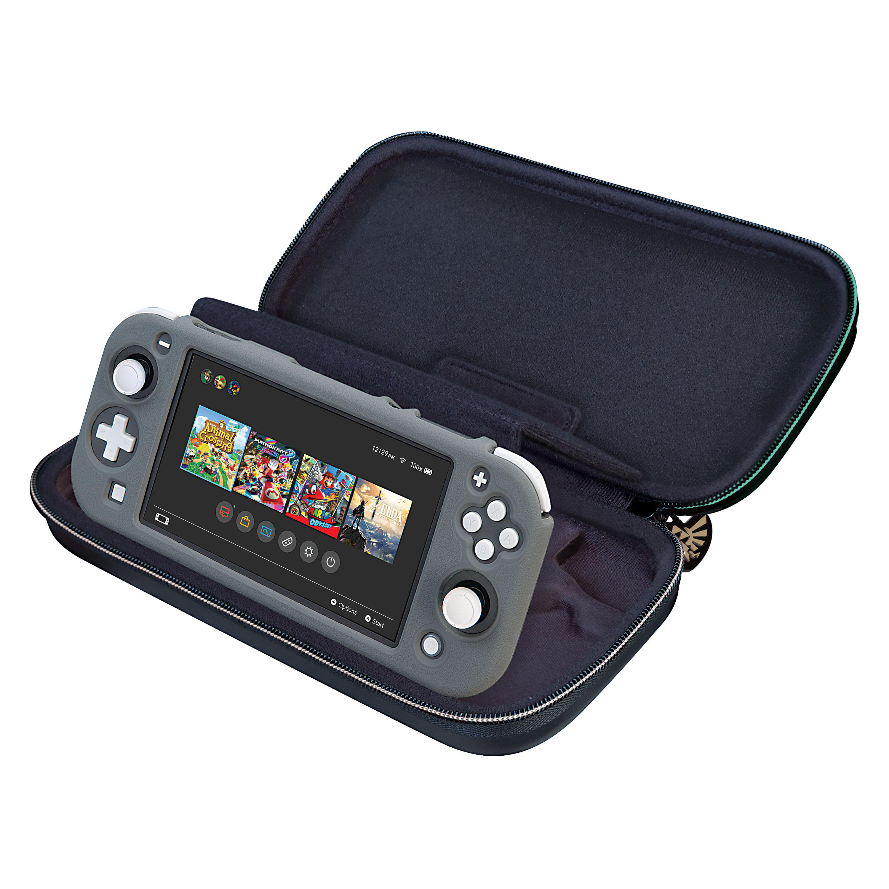 Eine graue Nintendo Switch Lite-Konsole befindet sich in einer Schutzhülle. Mehrere Spielkassetten sind sichtbar.