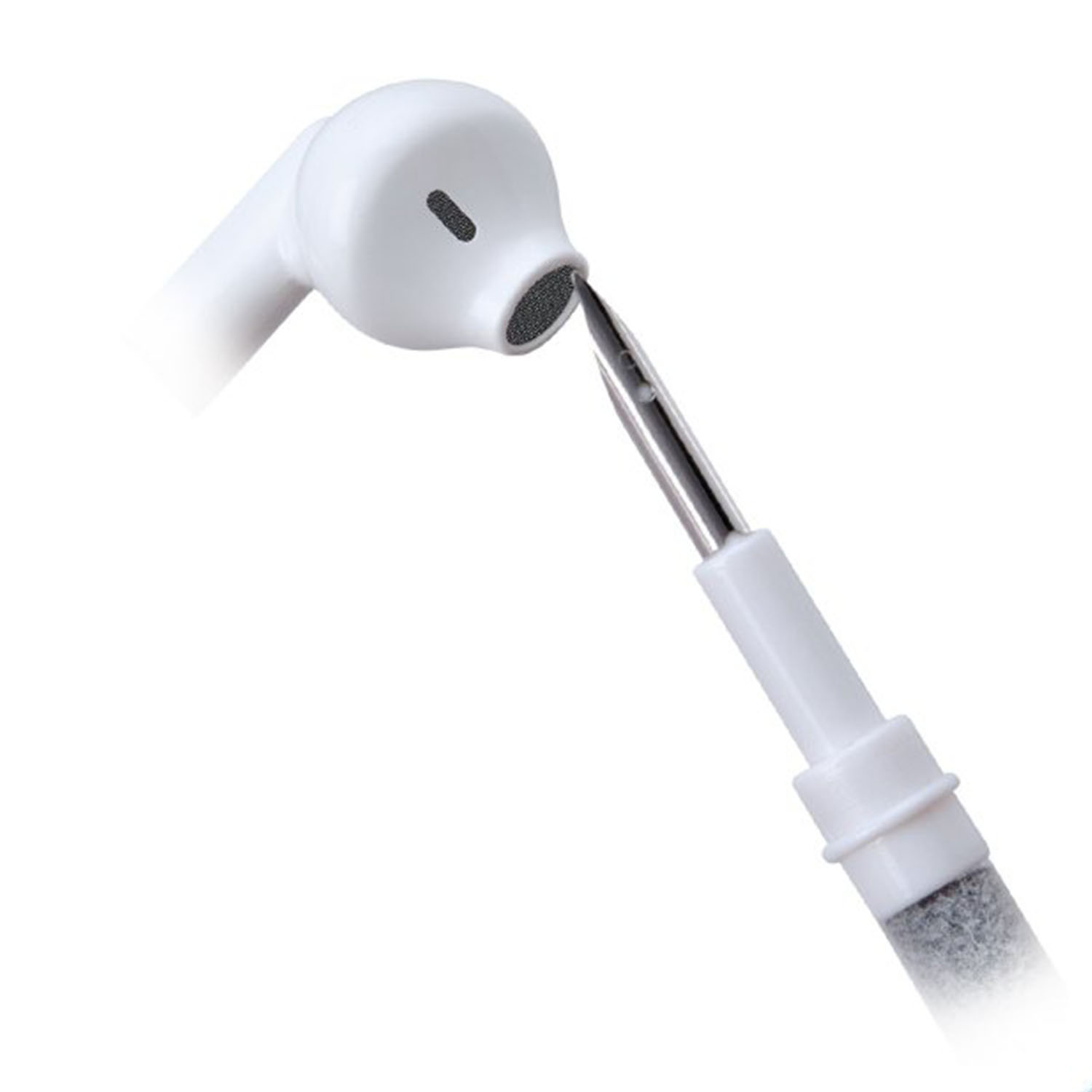Auricolare bianco e strumento di pulizia. Lo strumento pulisce l'auricolare.