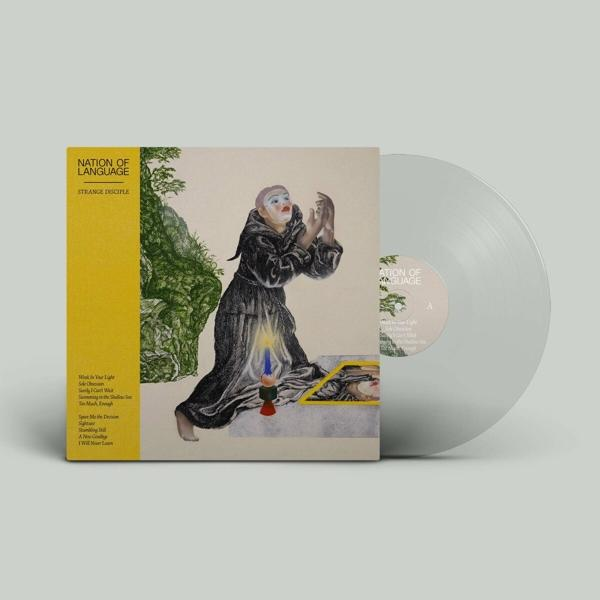 Vinyl-Album 'Strange Disciple' von Nation of Language. Das Cover zeigt eine Mönchsfigur. Die Schallplatte ist rechts sichtbar.