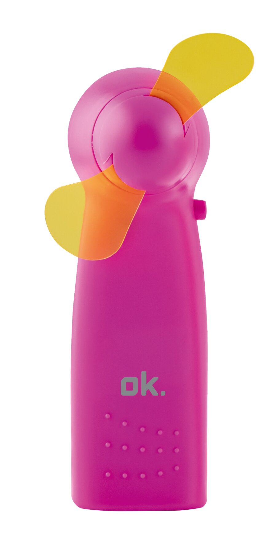 Ventilatore portatile rosa con pale gialle e arancioni. Il ventilatore è frontale.