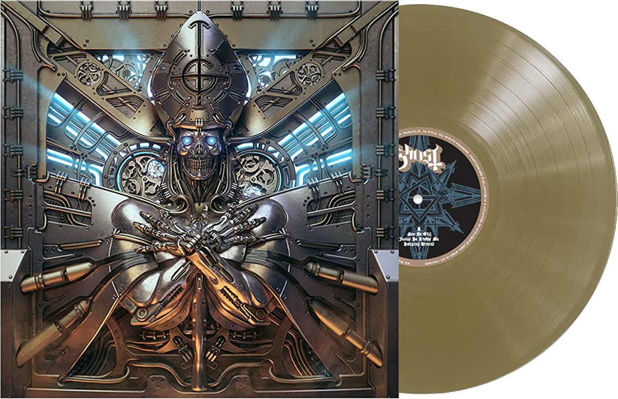 Album borítója, díszes páncélban lévő csontvázfigurával, mechanikus háttérrel. Arany vinyl lemez látható. Album címe és a zenekar logója.