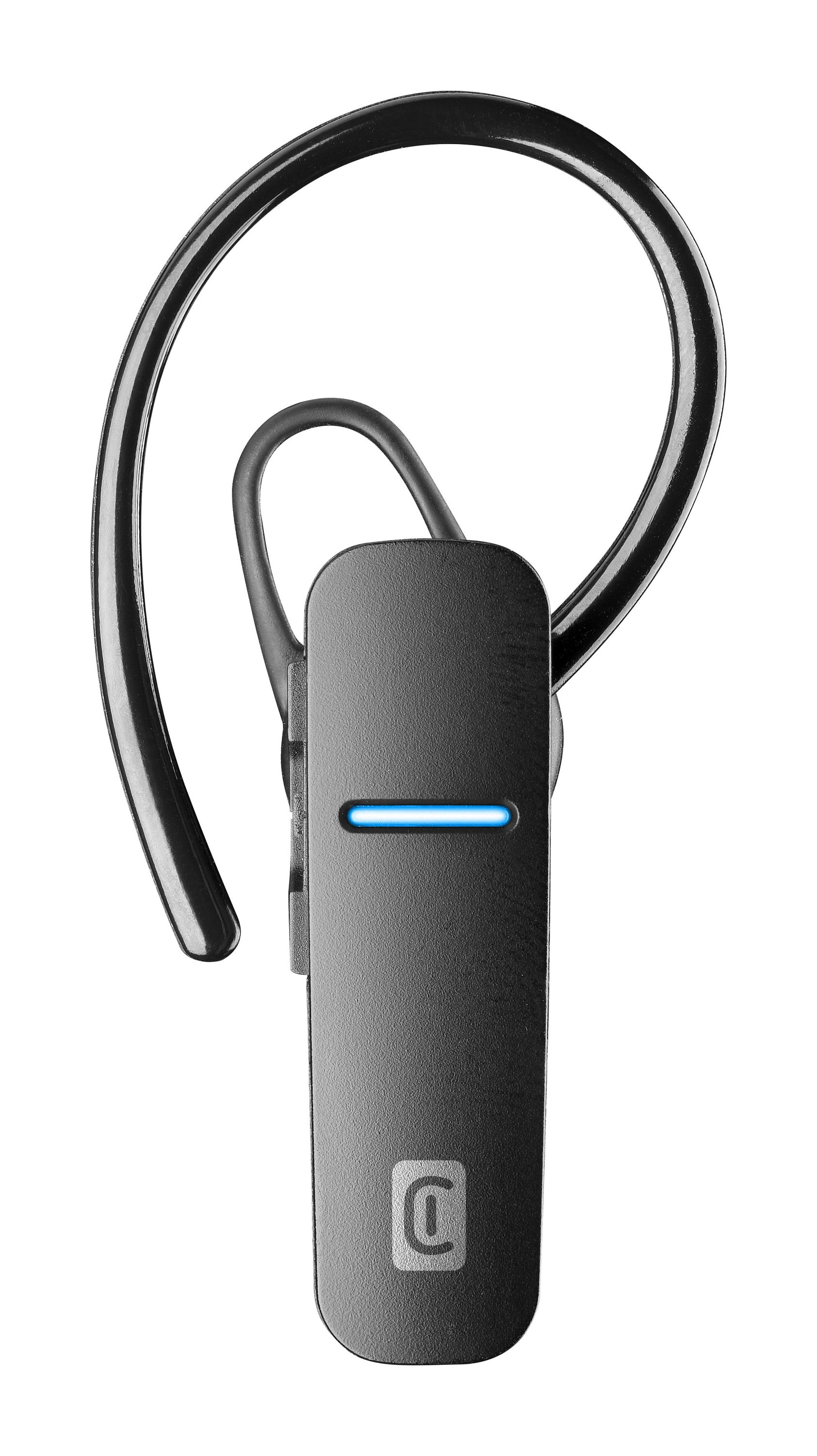 Un auricular Bluetooth negro con una luz indicadora azul y el logotipo de la letra 'C'.