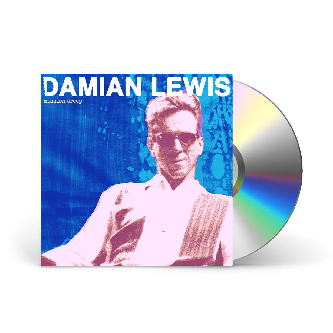 CD-Cover mit Mann, Sonnenbrille und CD-Disk. Text: DAMIAN LEWIS, mission creep.