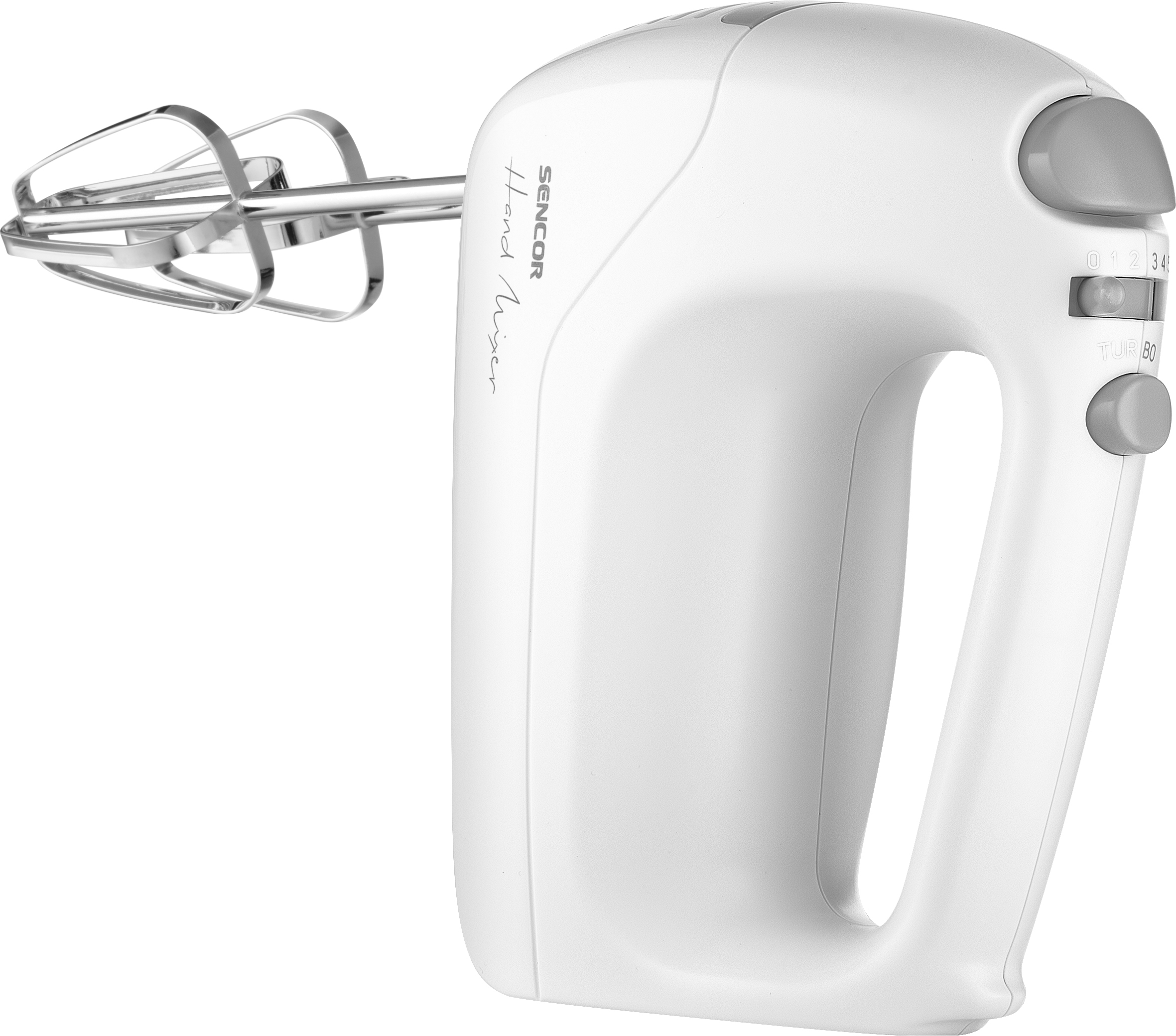 Fehér kézi mixer sebességszabályzóval és turbó gombbal.