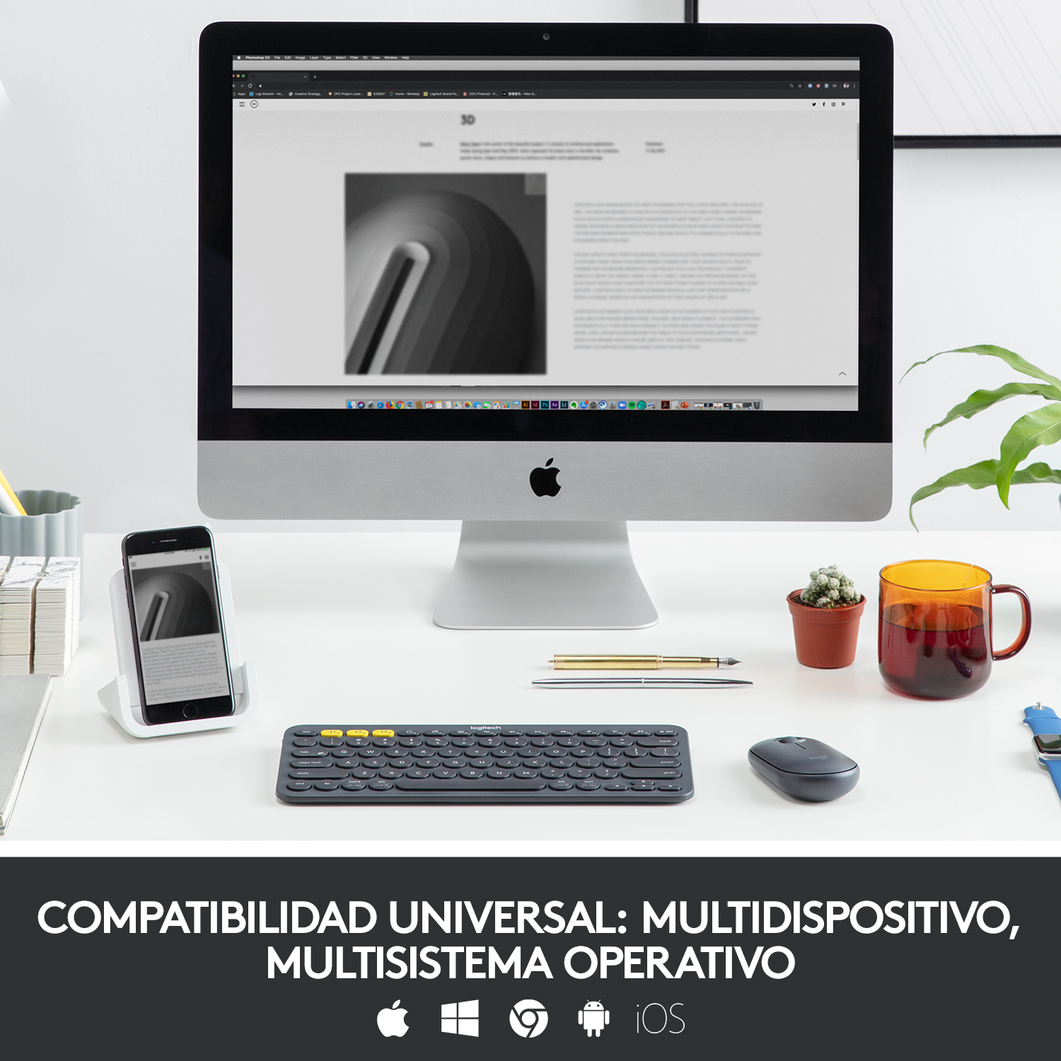 Una configuración de escritorio con monitor, teléfono, teclado, ratón y una taza, con texto abajo.