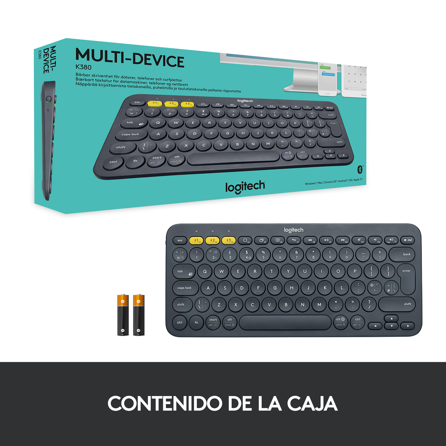 Teclado, pilas y caja, con texto en español.