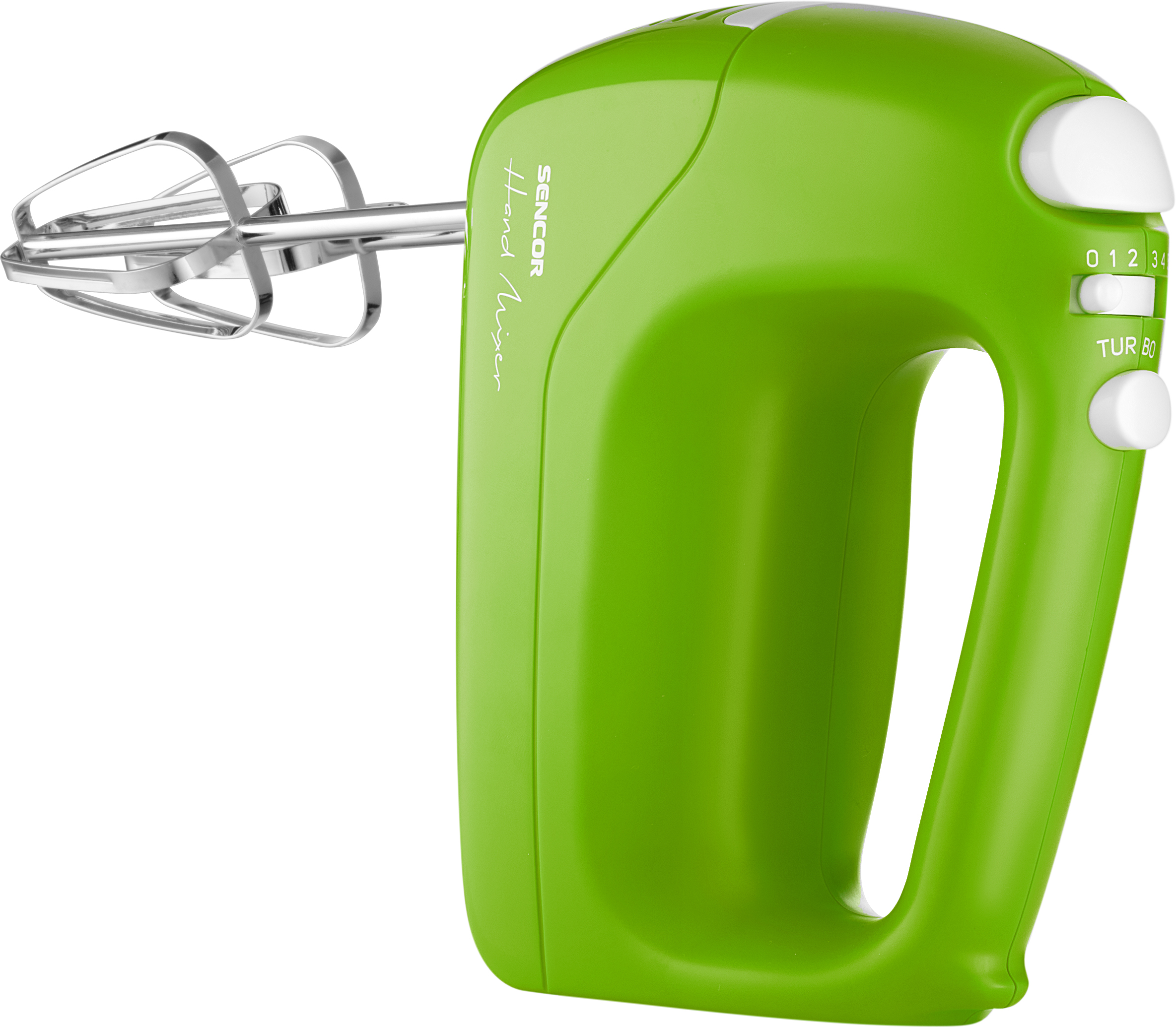 Zöld kézi mixer. Fehér kapcsolóval rendelkezik. A háttér fehér.