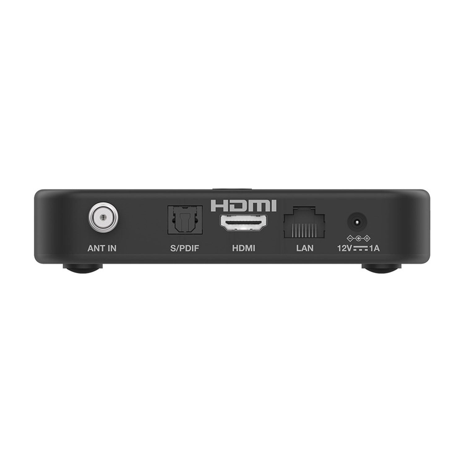 Dispositivo rettangolare nero con porte: ANT IN, S/PDIF, HDMI, LAN e ingresso alimentazione 12V.