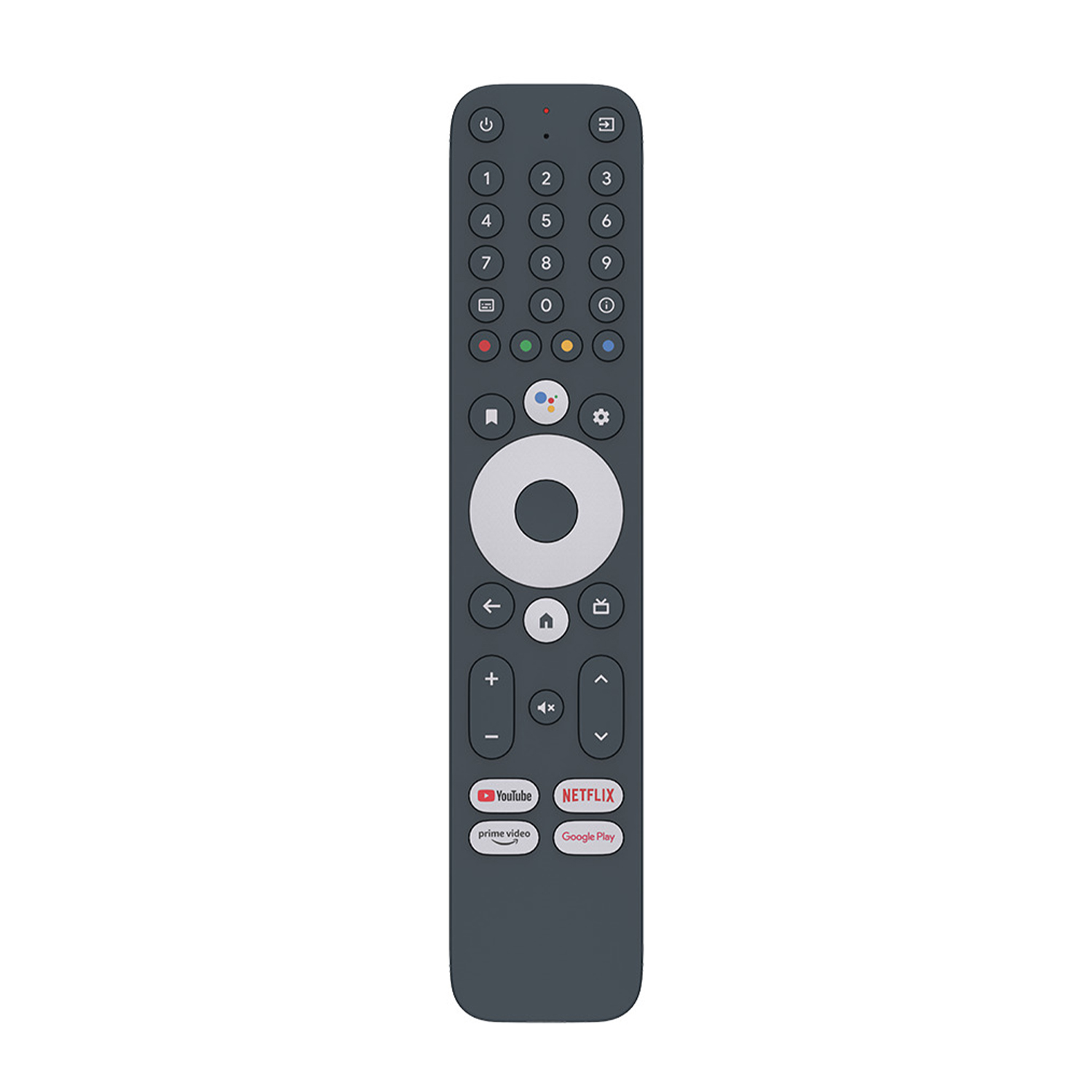 Un telecomando grigio scuro con pulsanti per le funzioni TV.