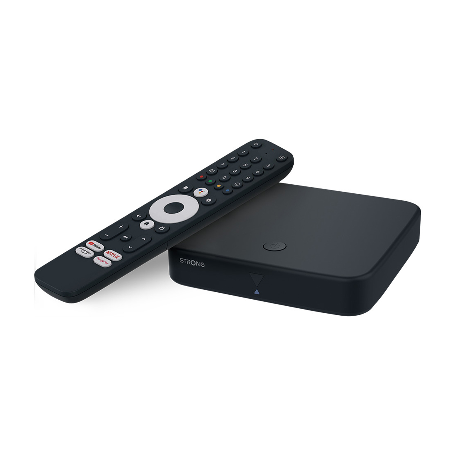 Un box di streaming nero e un telecomando. Il telecomando ha diversi pulsanti.