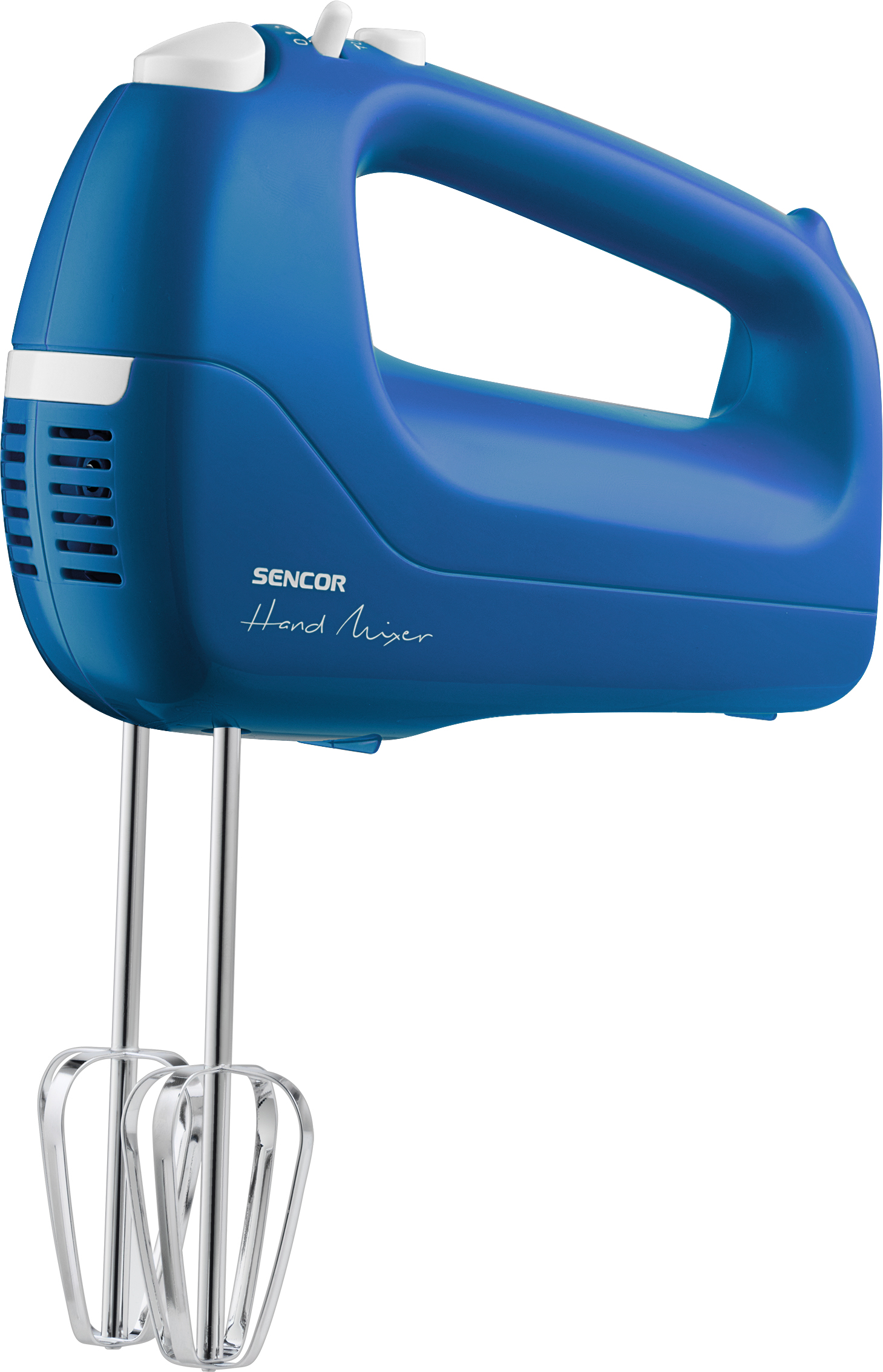 Kék SENCOR kézi mixer króm habverőkkel, fehér háttér.