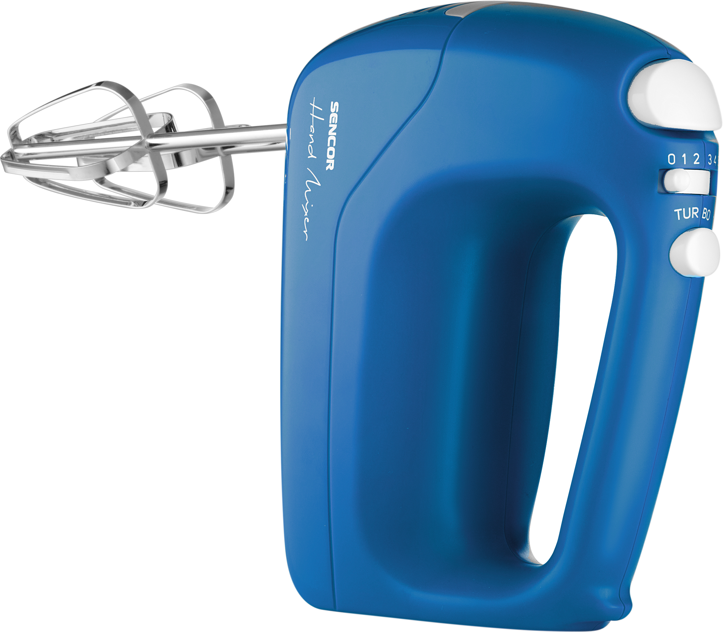 Kék kézi mixer ezüst habverővel és sebességbeállításokkal.