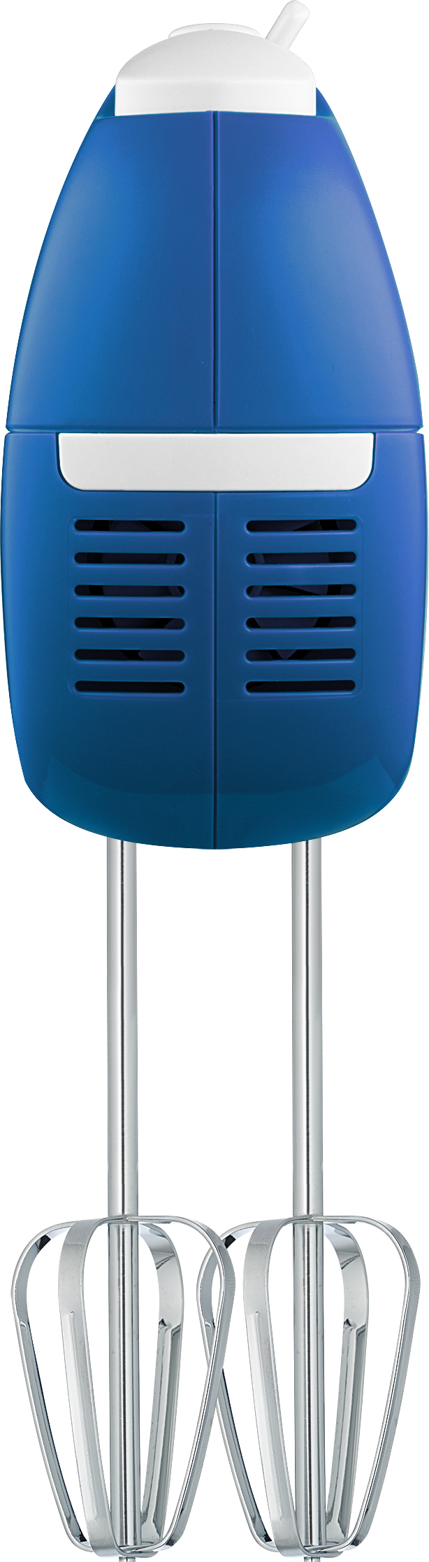 Kék kézi mixer fém habverőkkel. A mixer fehér háttér előtt van.