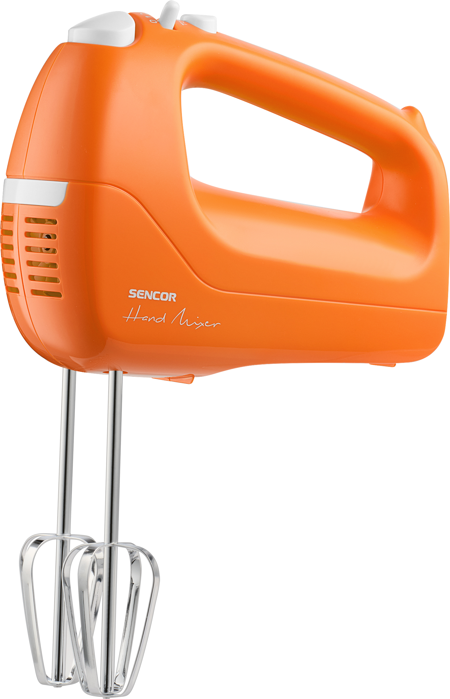 Narancssárga Sencor kézi mixer króm habverőkkel, fehér fogantyúval és Hand Mixer felirattal.