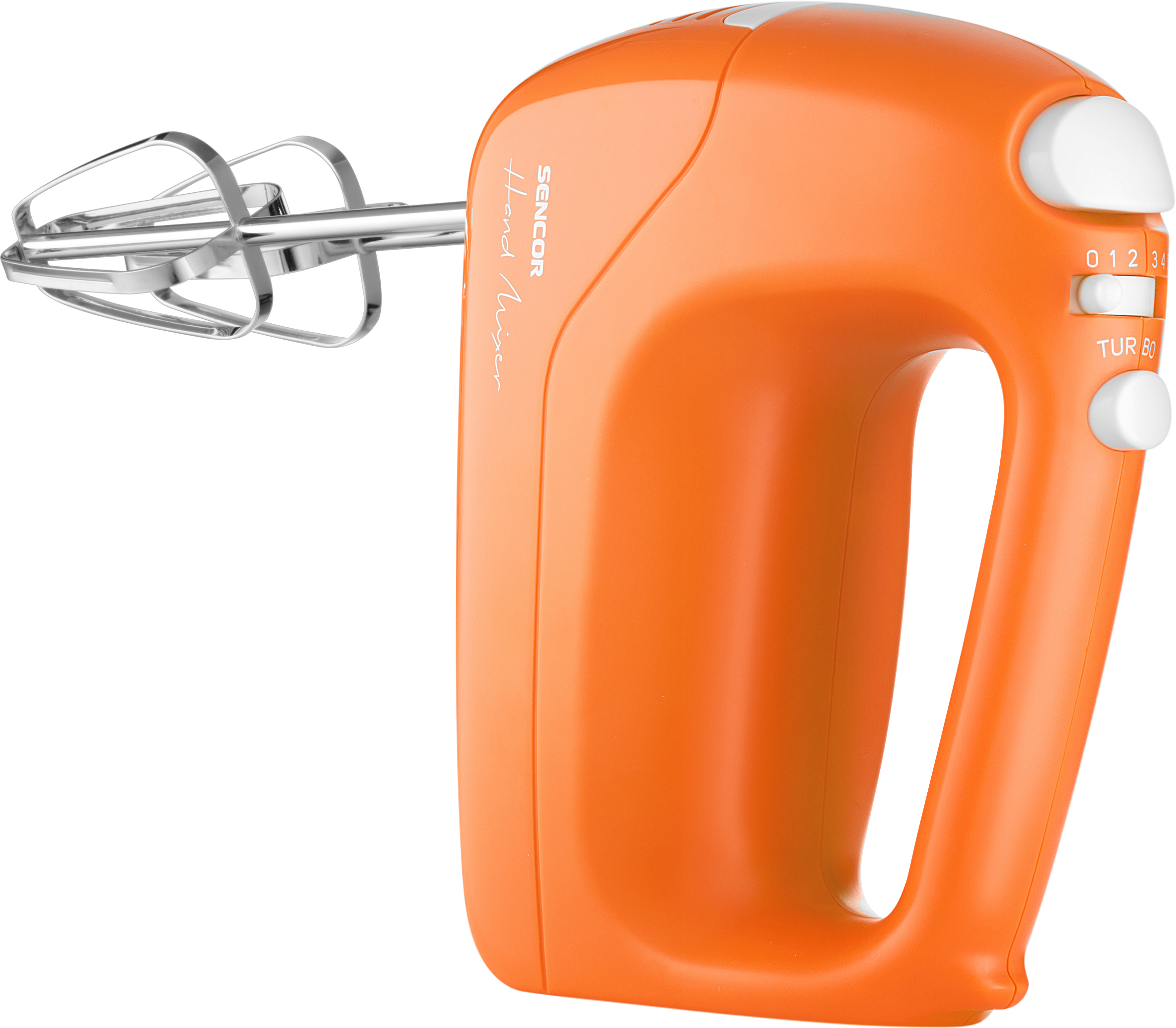 Narancssárga kézi mixer fehér gombbal és sebességbeállításokkal. Ezüst habverők csatlakoztatva.