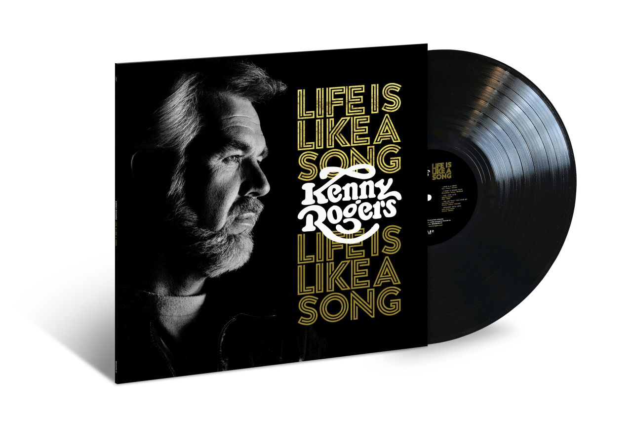 Vinyl-Schallplattenhülle mit einem Schwarz-Weiß-Porträt von Kenny Rogers.
