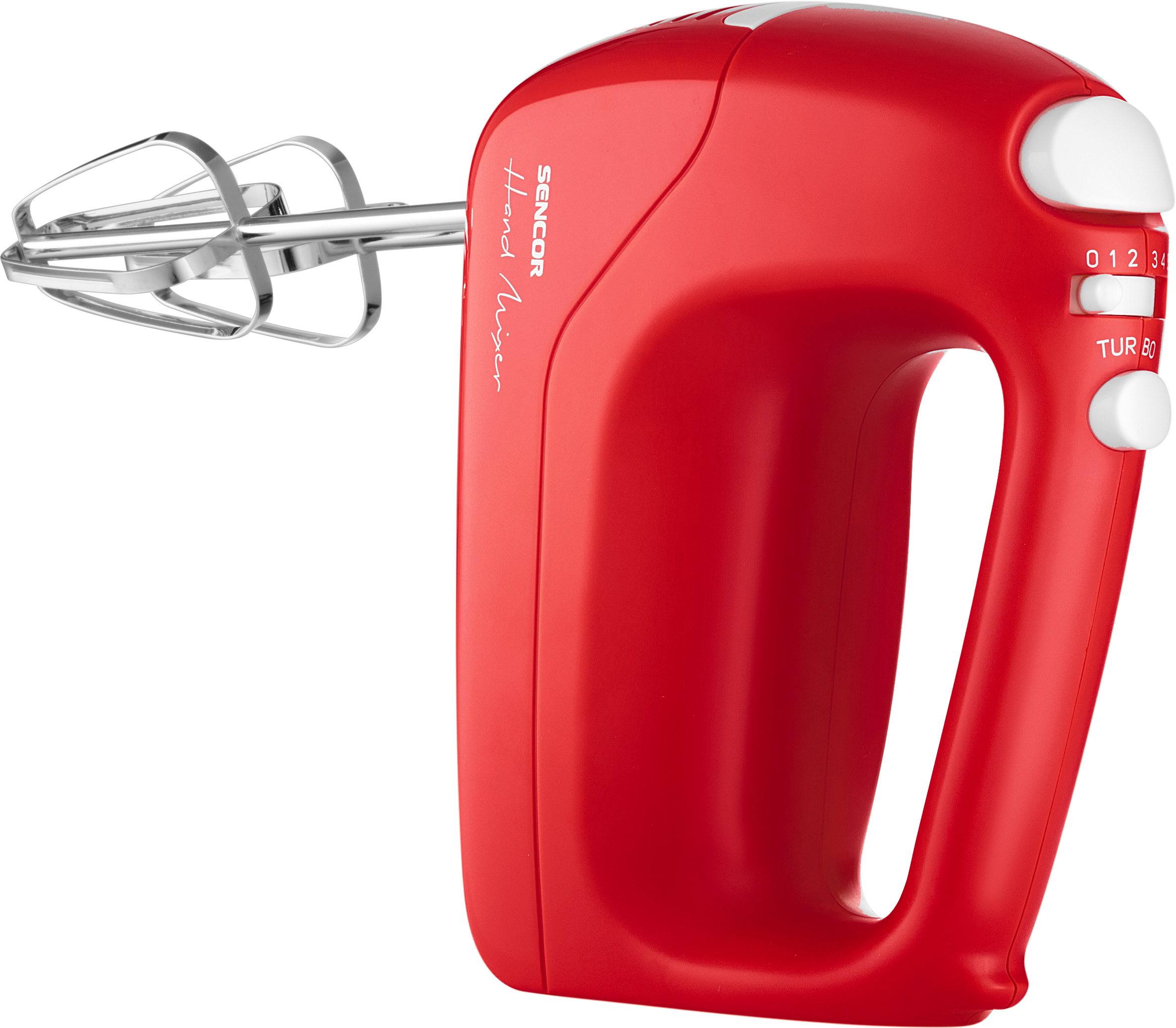 Piros kézi mixer sebesség beállításokkal és pengékkel.
