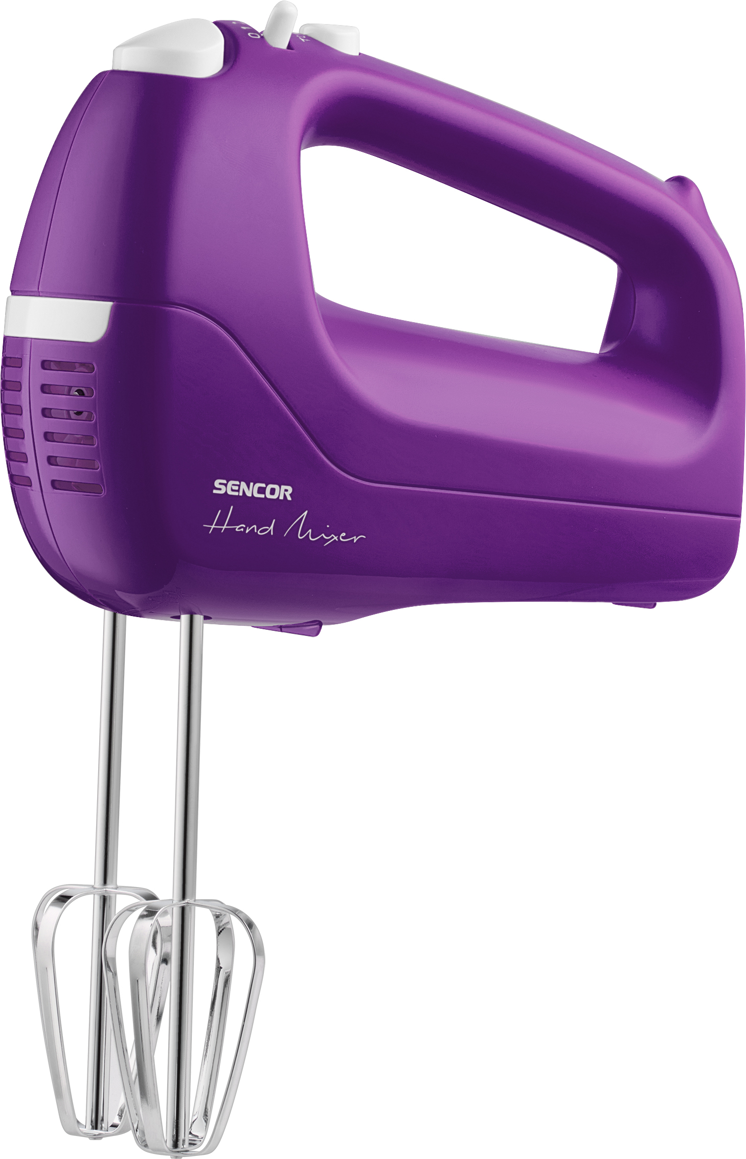 Lila kézi mixer habverőkkel, fehér részletekkel és a 'SENCOR Hand mixer' felirattal.