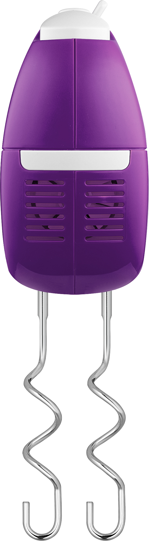 Lila kézi mixer ezüst habverőkkel. Fehér teteje és fehér panel a testén.