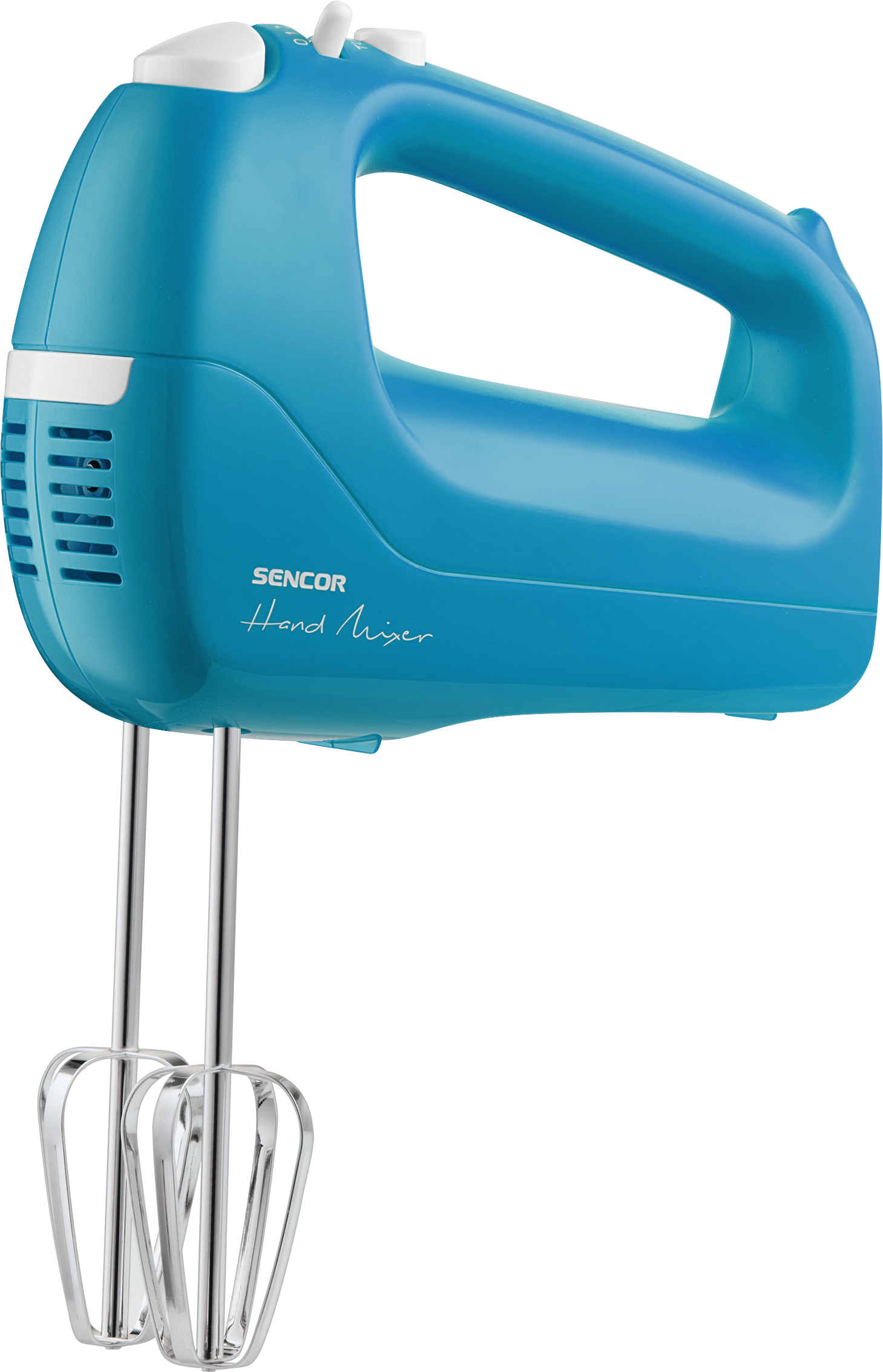 Kék kézi mixer króm habverőkkel, SENCOR felirattal, fehér háttéren.