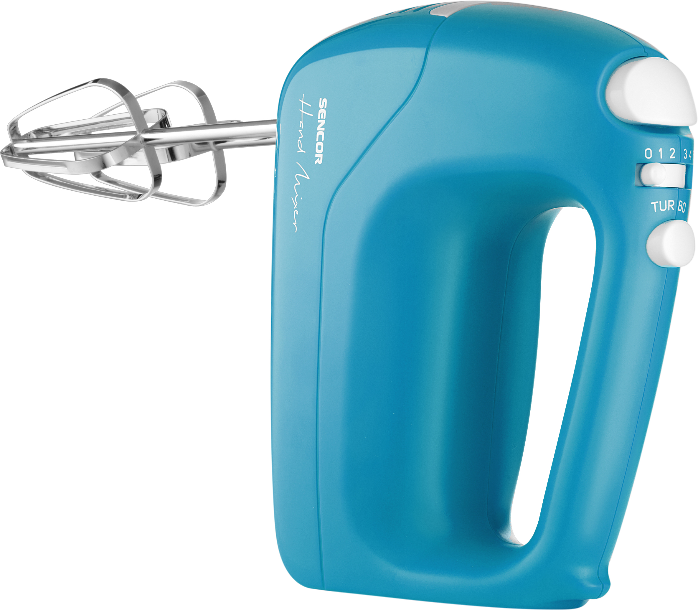Egy kék kézi mixer fehér gombbal és sebességbeállítással.