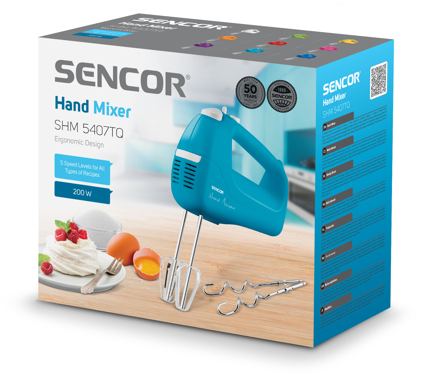 Kék kézi mixer dobozban, kiegészítőkkel. Szöveg: Kézi mixer, 200W, 5 sebességfokozat.