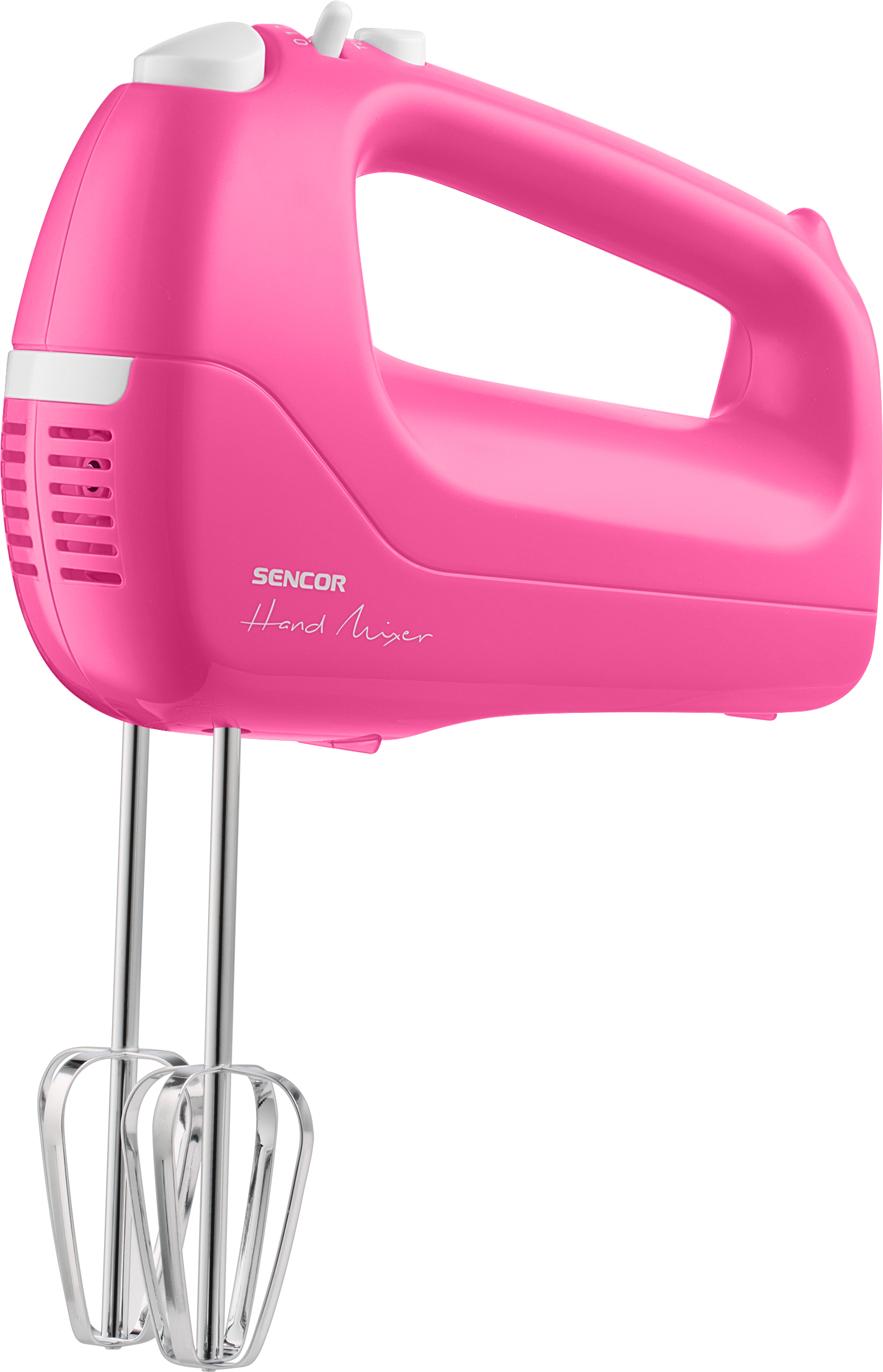 Rózsaszín SENCOR kézi mixer, két króm habverővel. Fehér háttér.