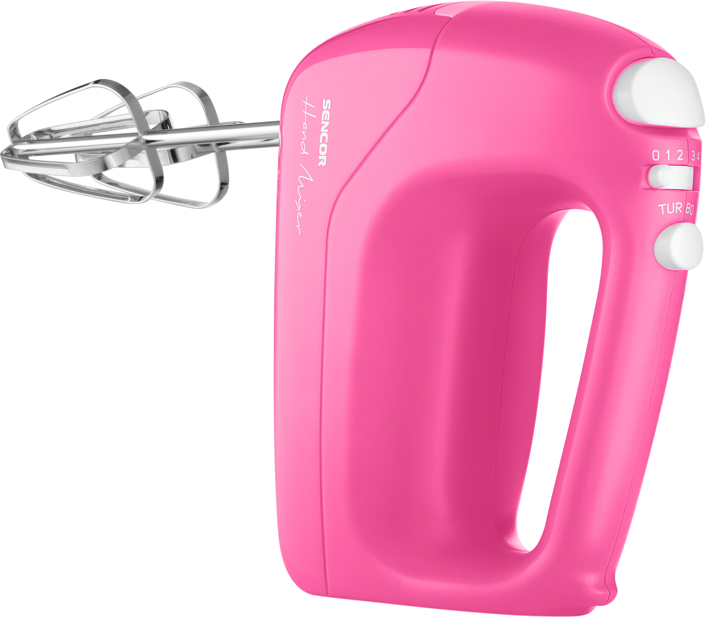 Egy rózsaszín kézi mixer pengékkel. Van rajta egy fehér gomb és egy sebességválasztó.