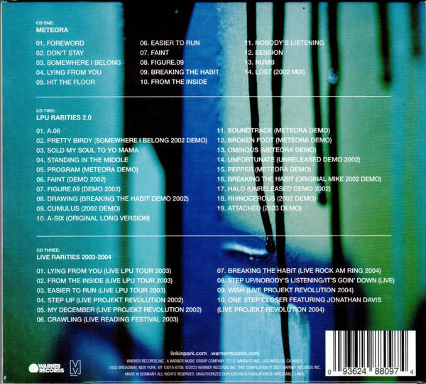 CD-Cover mit Titellisten für die Alben von Linkin Park. Der Hintergrund hat einen verschwommenen Blau- und Grünverlauf. Es gibt einen Barcode.