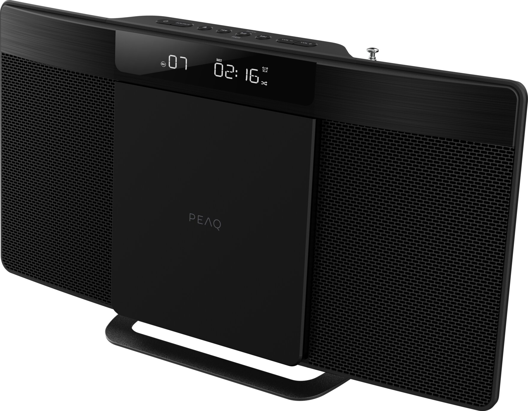 Sistema audio PEAQ nero con display e altoparlanti.