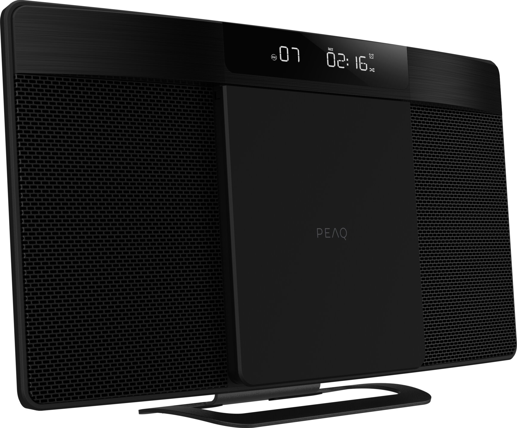 Sistema audio nero con display digitale che mostra l'ora e griglia dell'altoparlante.