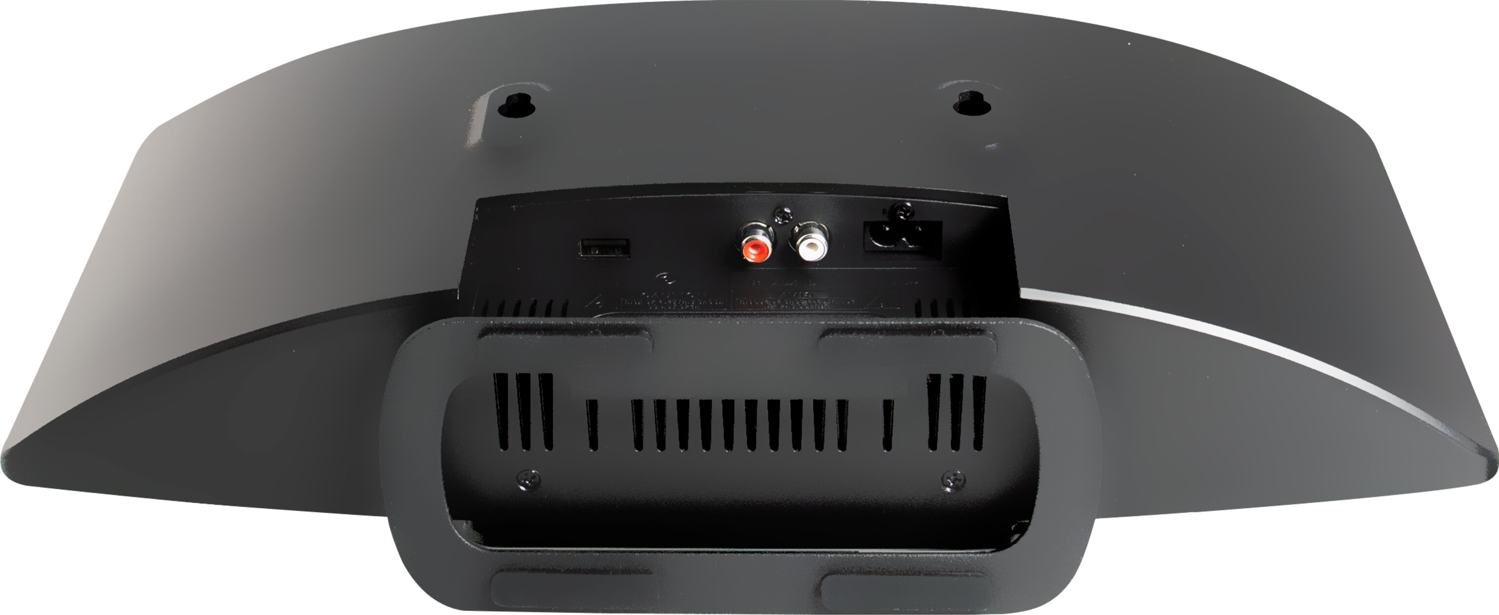 Retro di una soundbar nera con porte e un supporto.