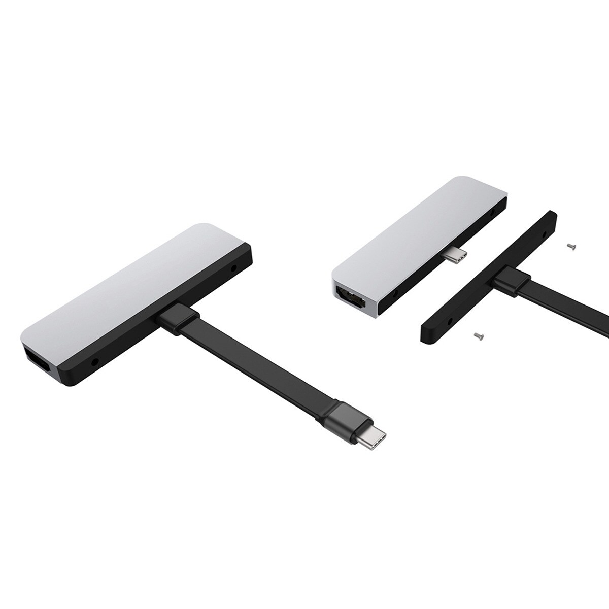 Dos concentradores USB plateados con cables negros, conectados a un conector negro.