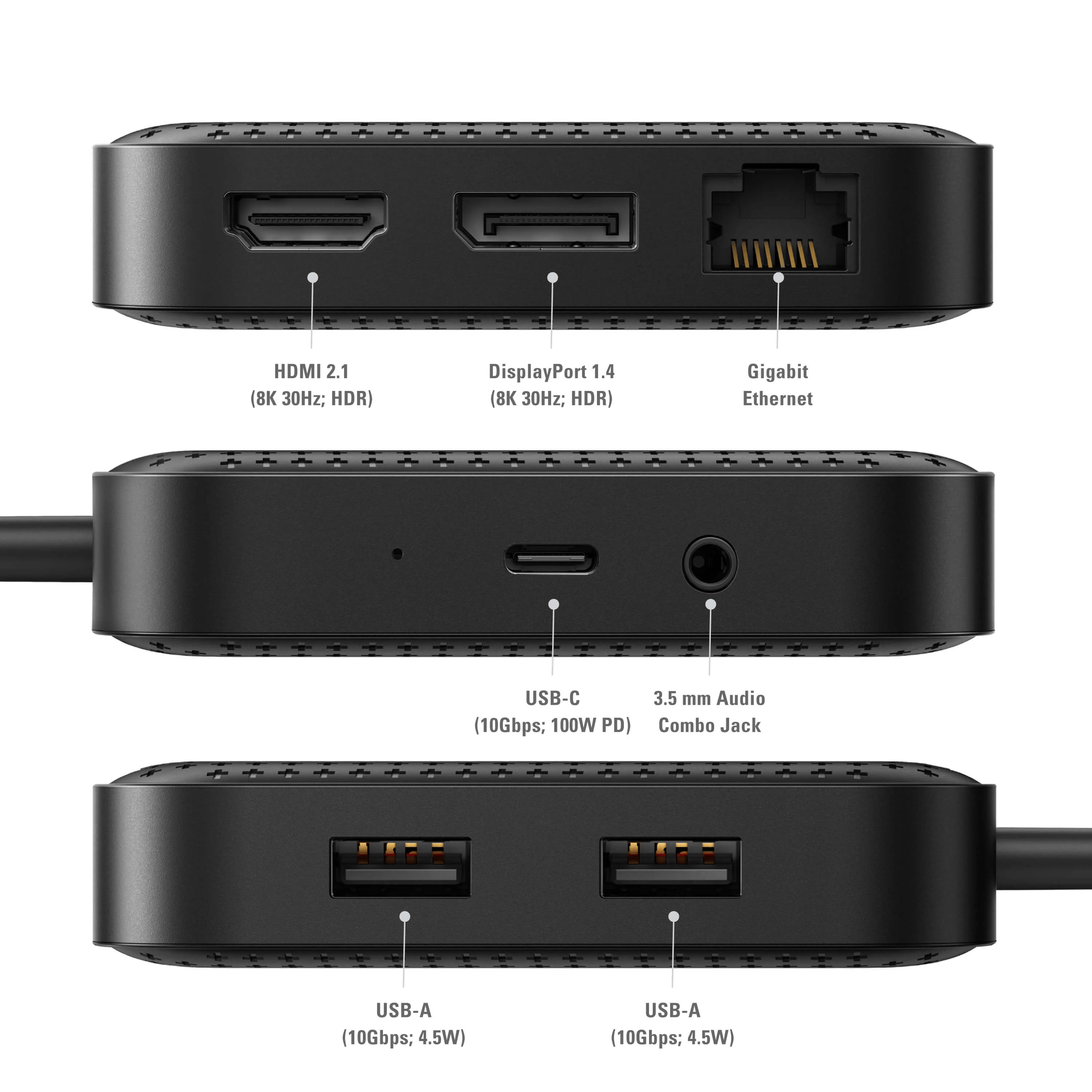 Un hub negro con puertos HDMI, DisplayPort, Ethernet, USB-C, USB-A y audio.