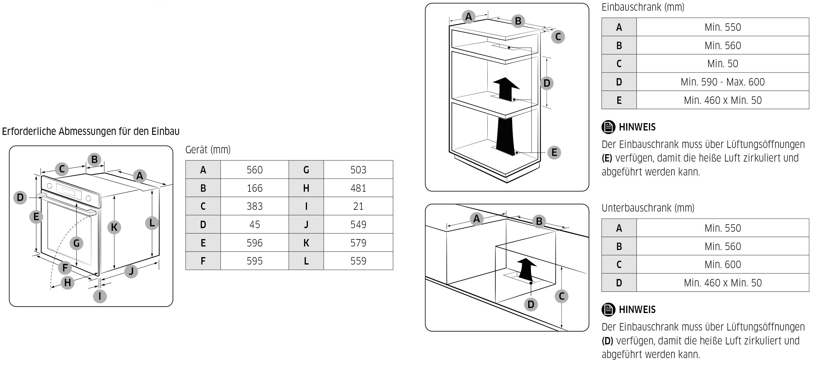 Technische Zeichnungen mit Maßen und Diagrammen für die Installation.