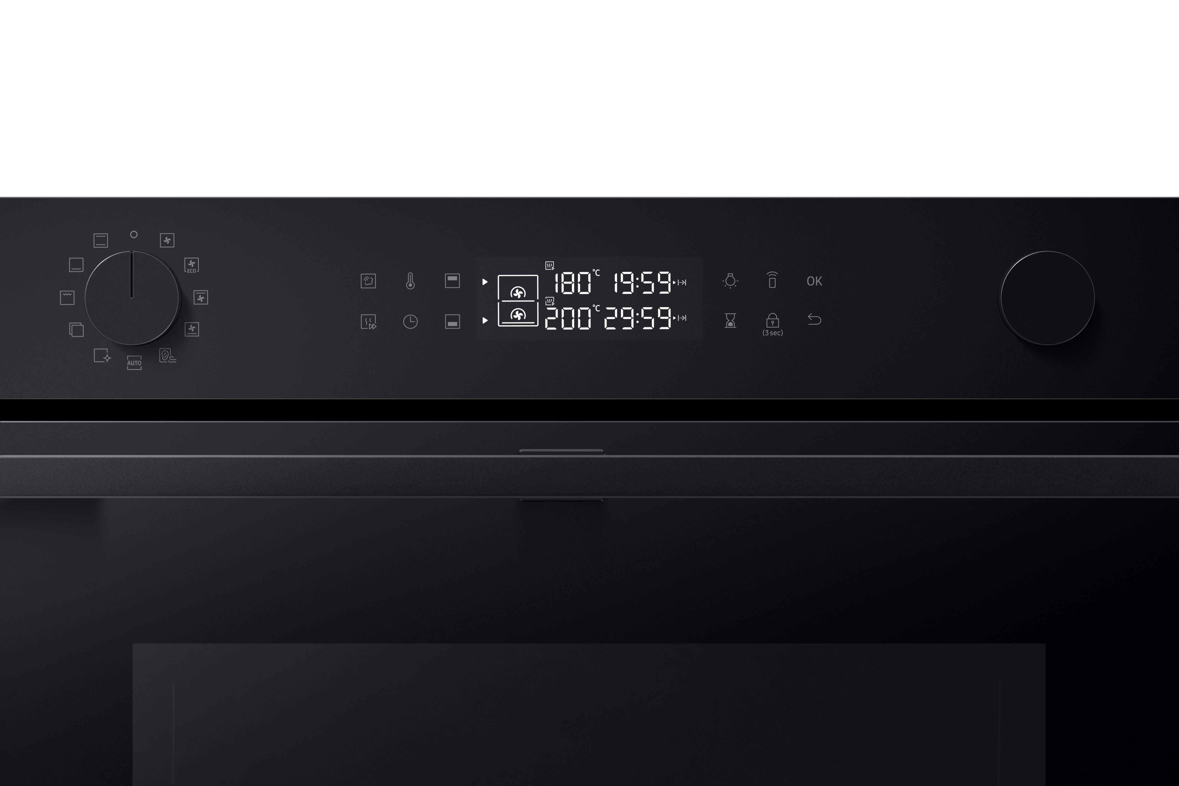 Schwarzes Backofen-Bedienfeld mit Digitalanzeige und Knöpfen.