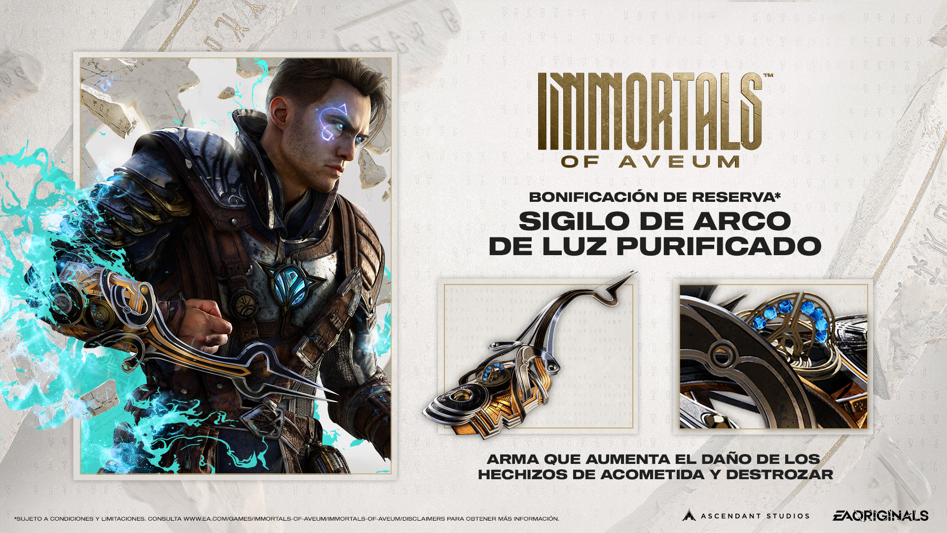 Anuncio de juego con un hombre sosteniendo un arma brillante. Texto en español: 'Inmortals of Aveum' y otros detalles.