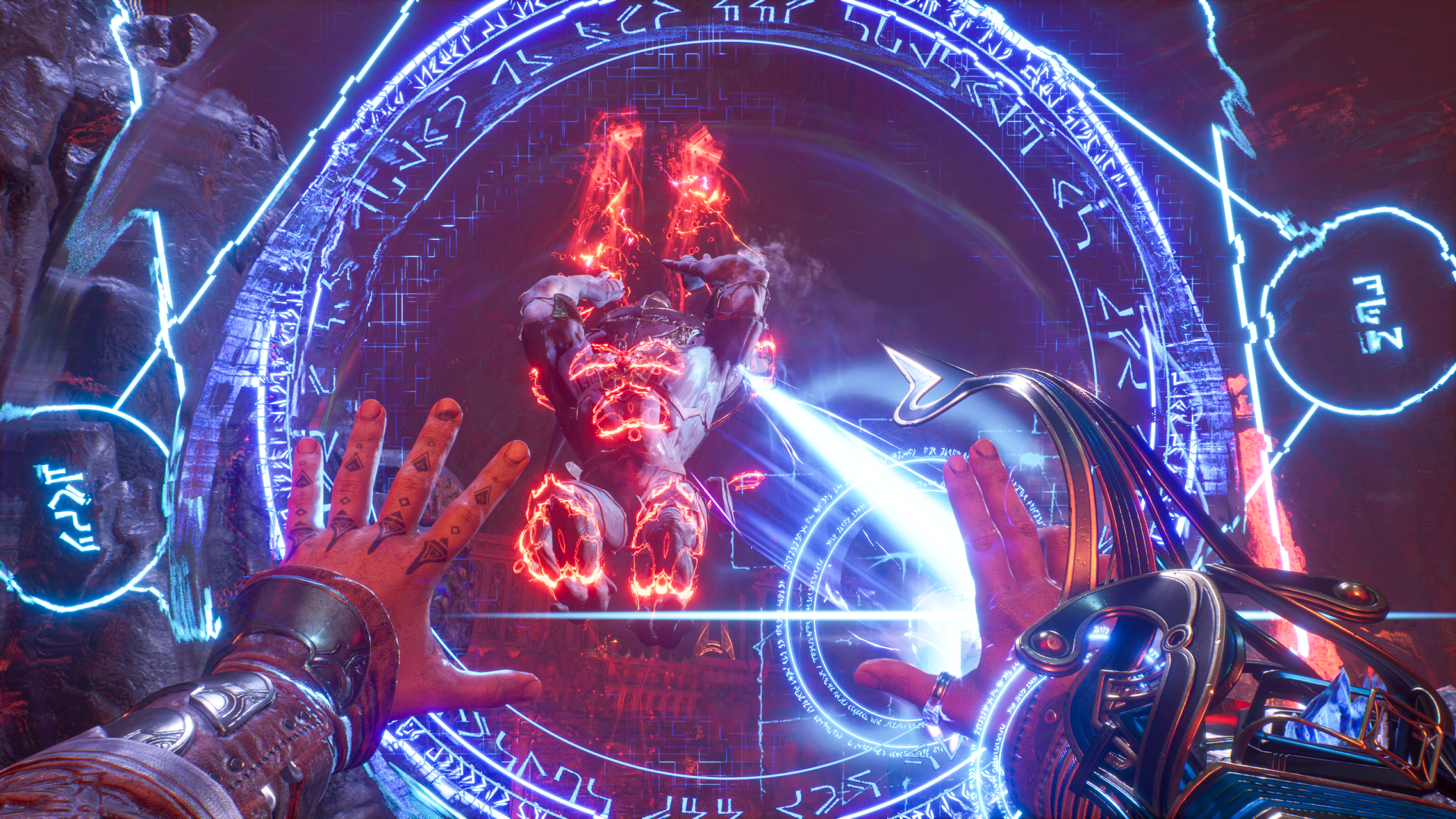 Una vista en primera persona de unas manos en una escena de fantasía con un portal.