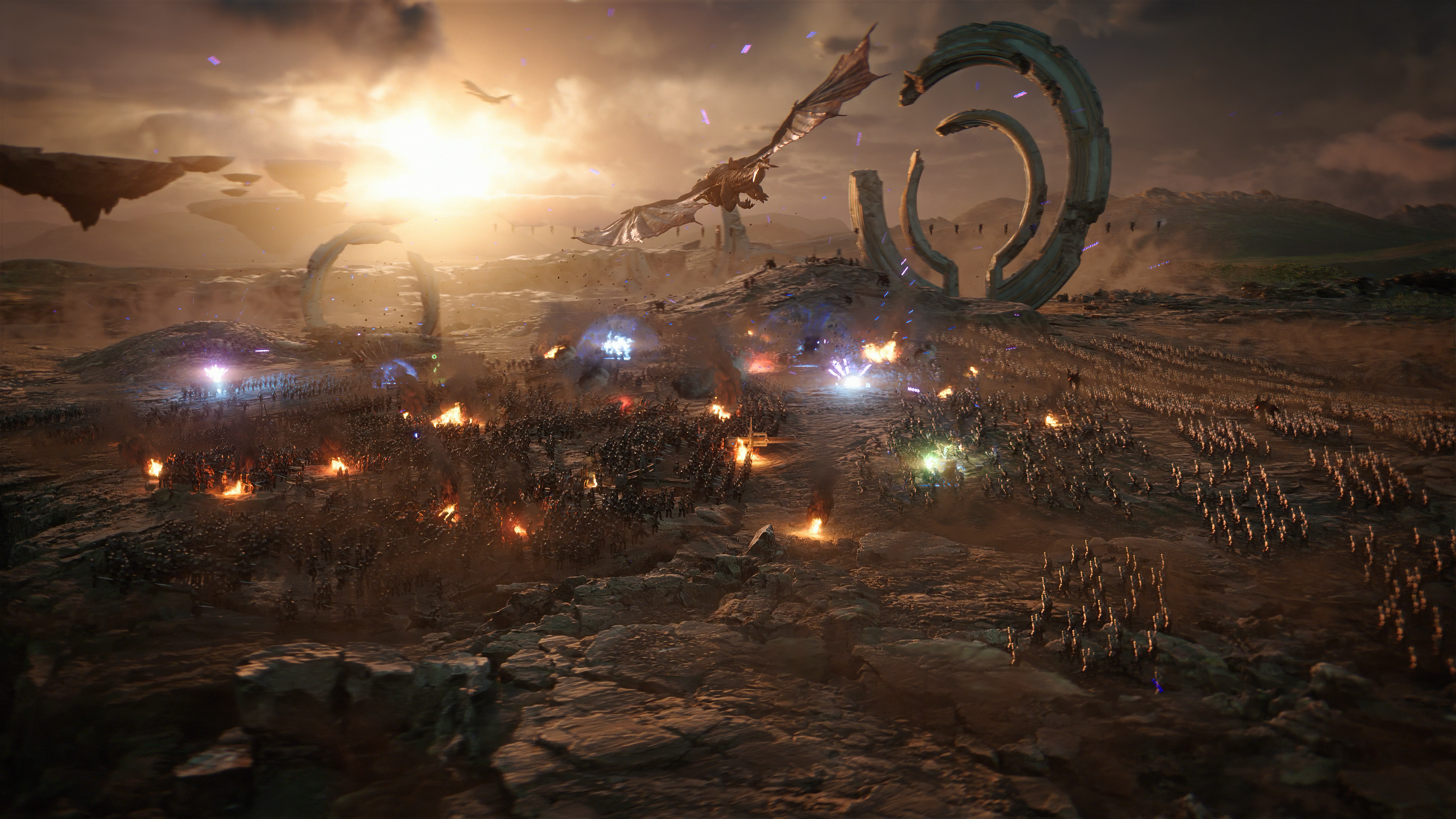 Escena de fantasía con un dragón volando sobre un campo de batalla con soldados y estructuras flotantes.