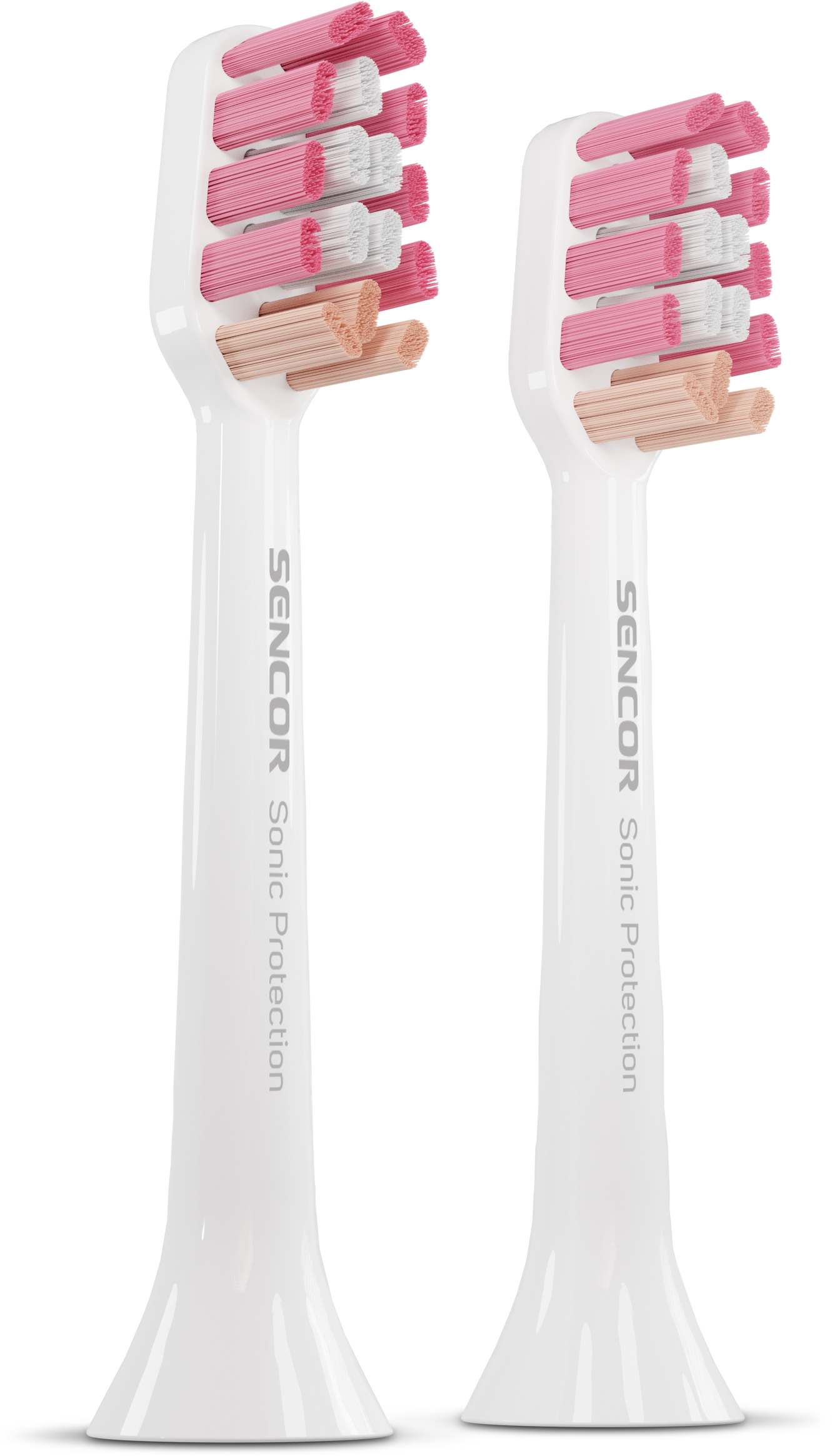 Két fehér SENCOR Sonic Protection fogkefe fej rózsaszín és bézs sörtékkel.